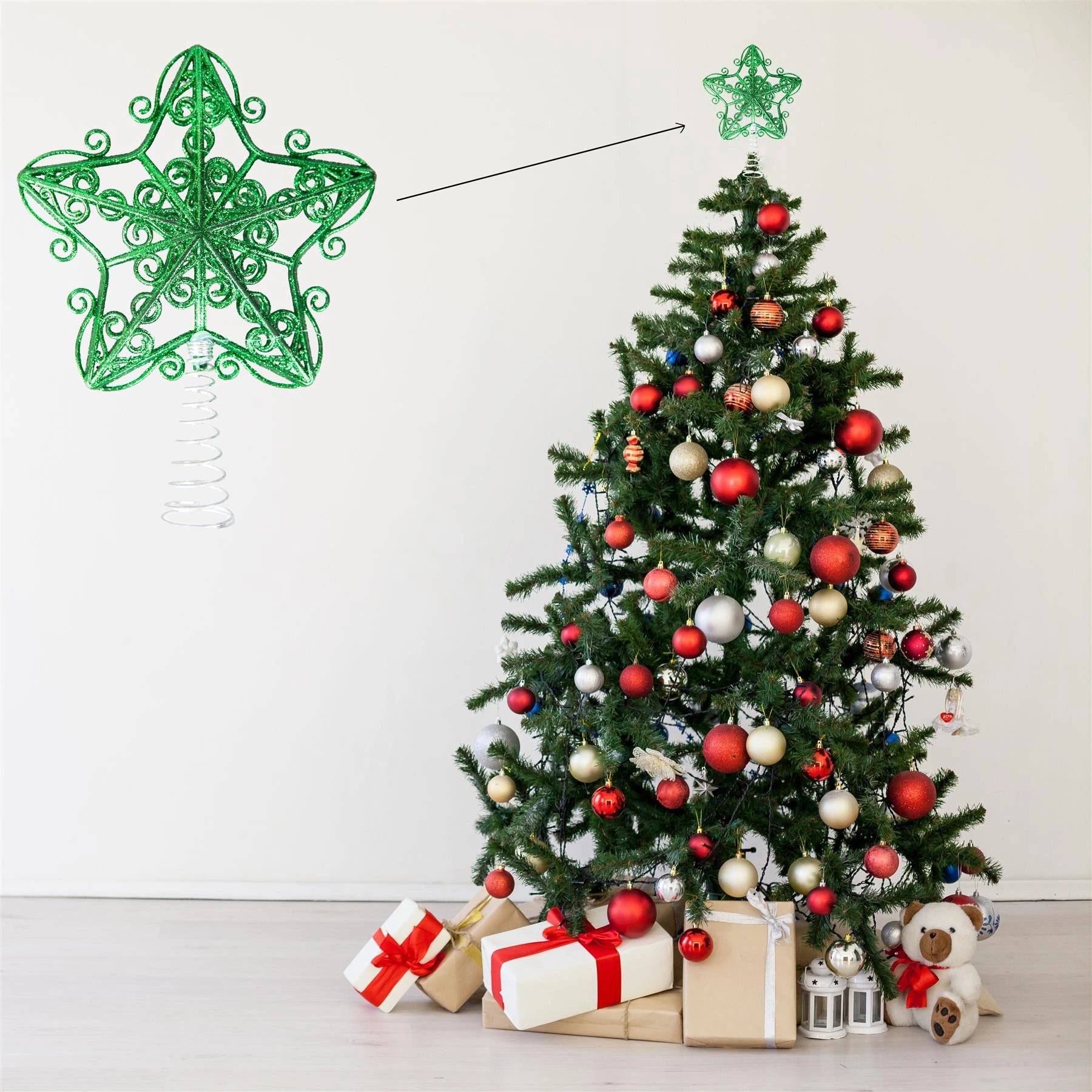 Christmas Star Tree Topper Green Glitter Crown Xmas Tree Ornaments Decor 14.5cm