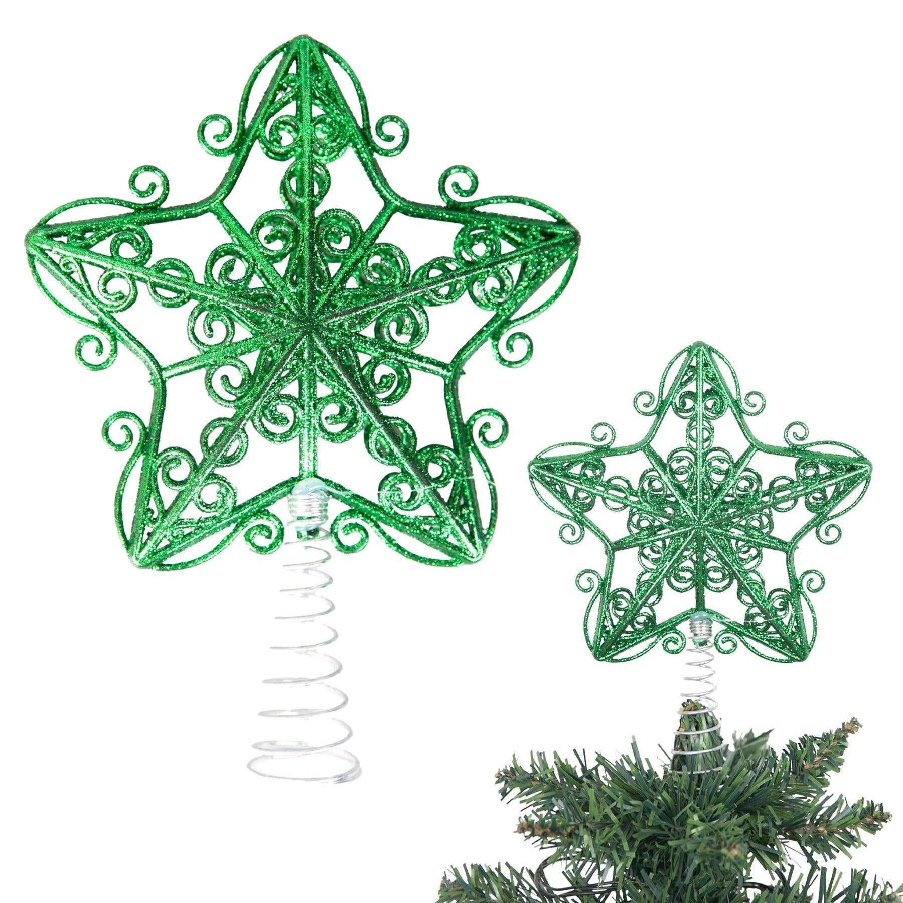 Christmas Star Tree Topper Green Glitter Crown Xmas Tree Ornaments Decor 14.5cm