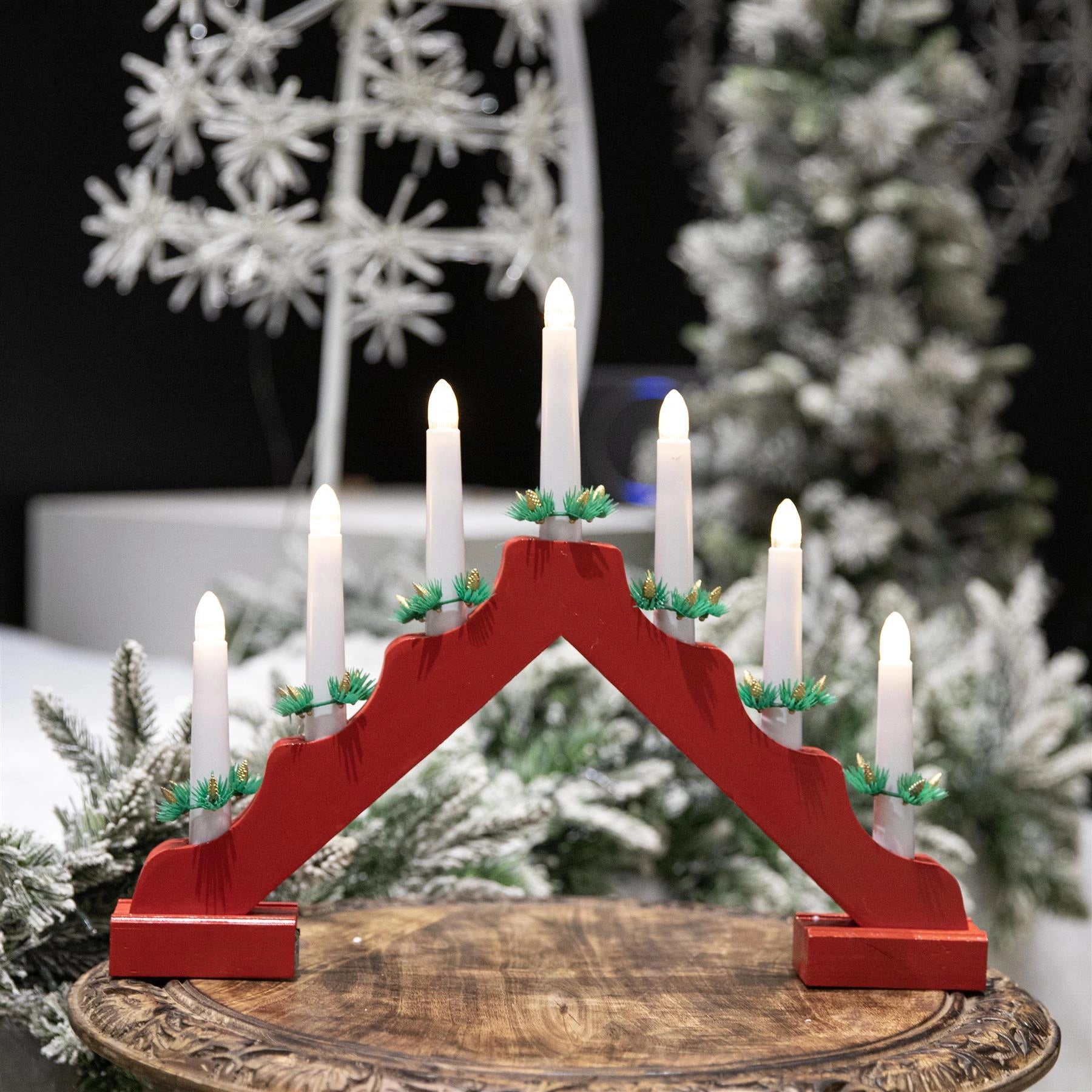 Christmas Decor Window Home Wooden LED Candle Bridge Red Warm Lights