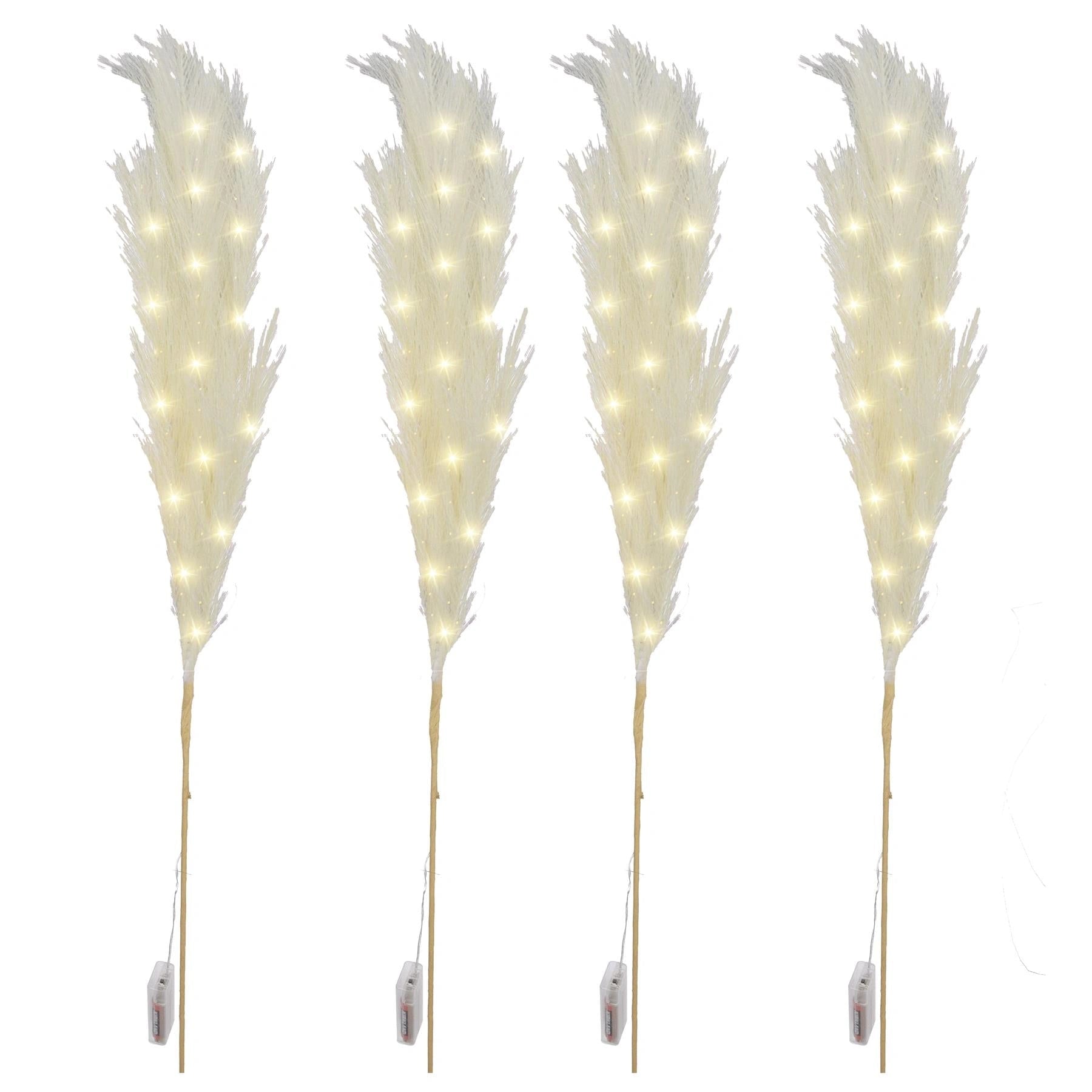 4PCS Pampas Grass Stem Feather Christmas Table Decor Pre-Lit LED B/O Cream 100cm