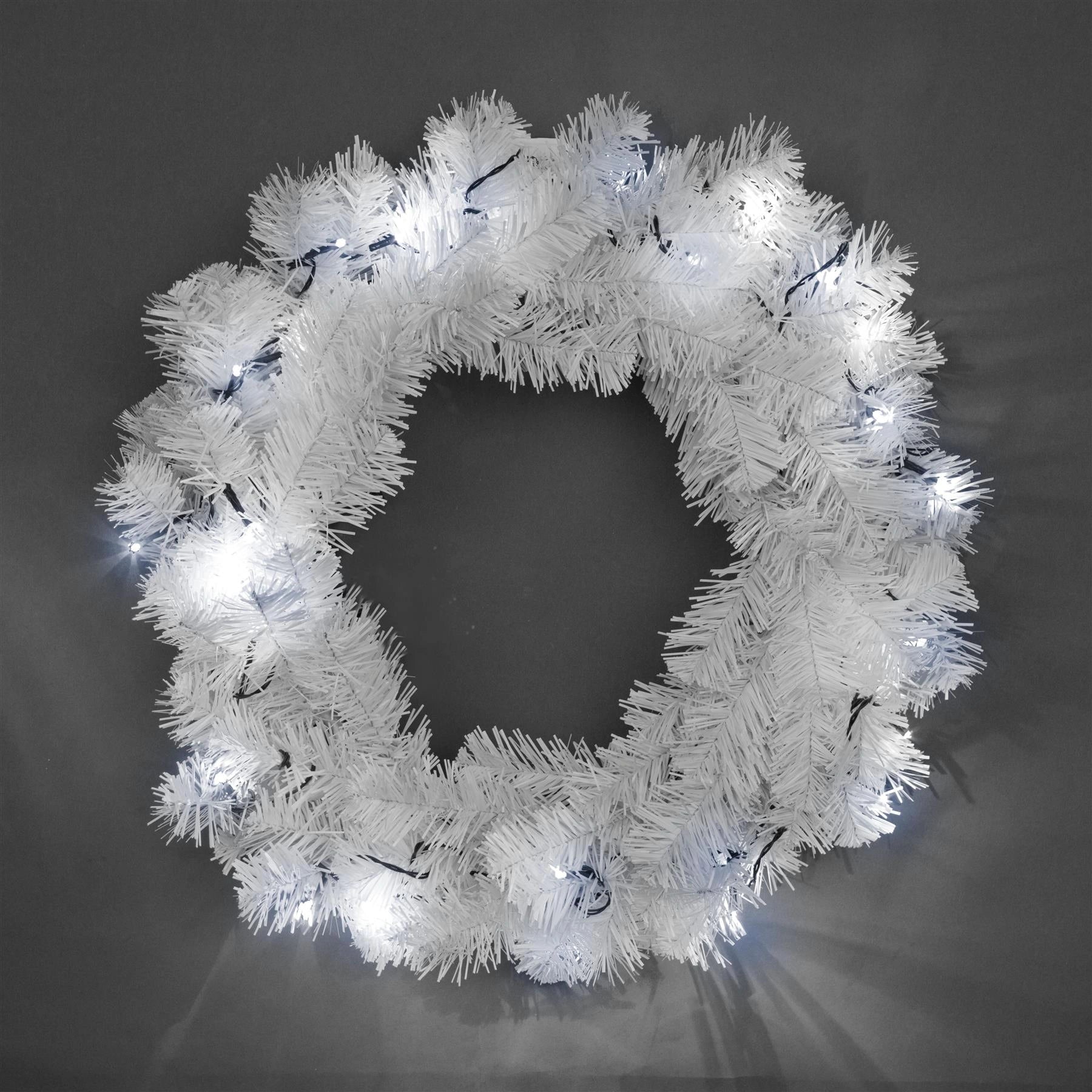 White Christmas Wreath Pre Lit Artificial Bushy Wall Door XMAS Home Decor 55CM