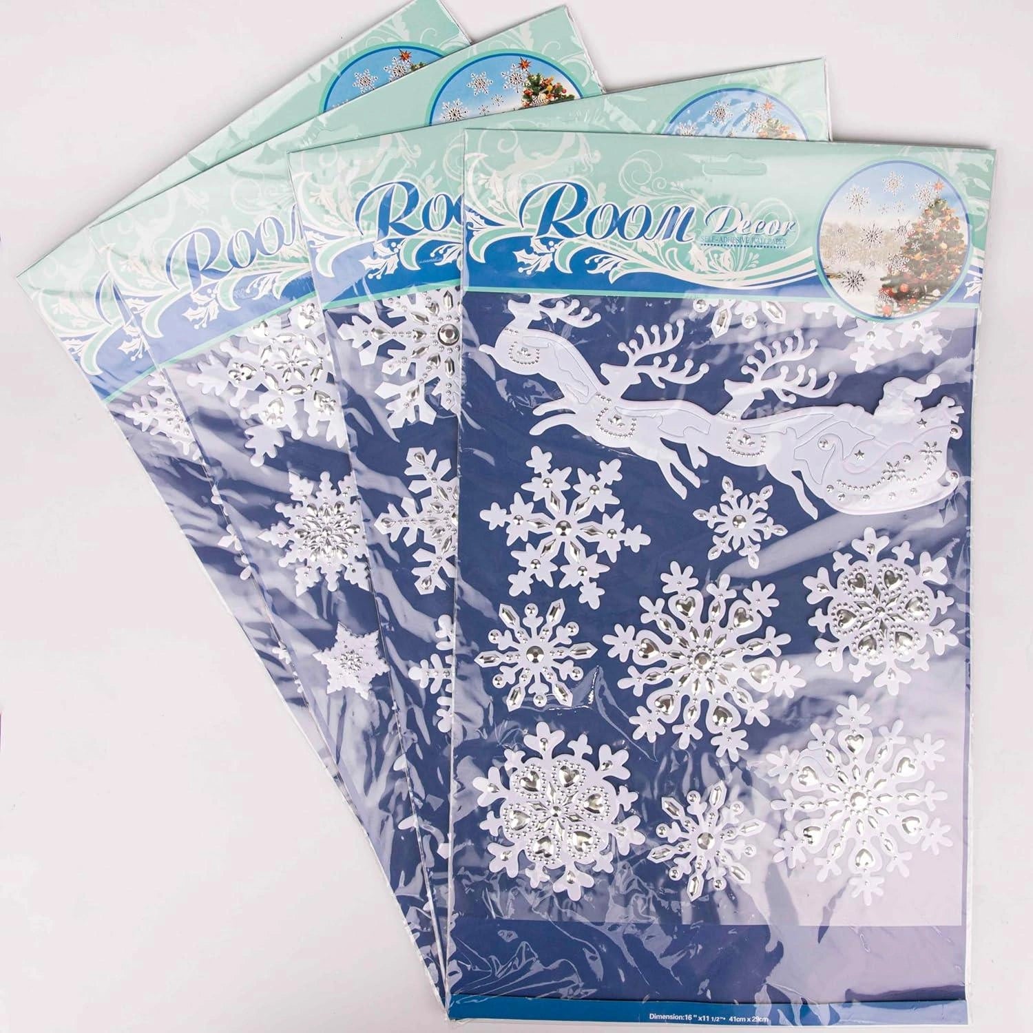 4 Christmas Window Stickers 3D Santa Snowflake Snowman Reusable Decal Xmas Decor