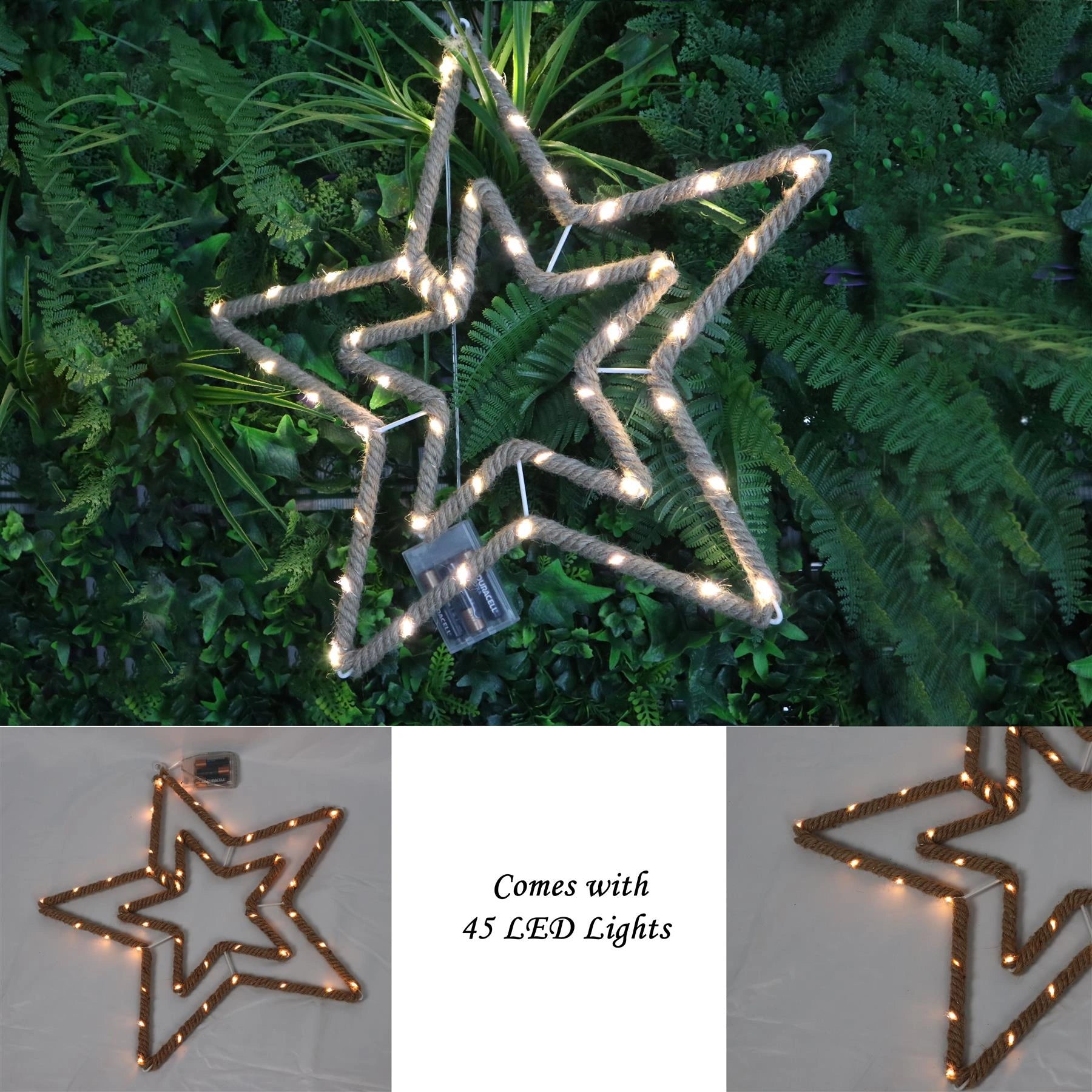 Christmas Silhouette Rope Lights Star Shape LED Hemp Jute Retro Wall Decorations
