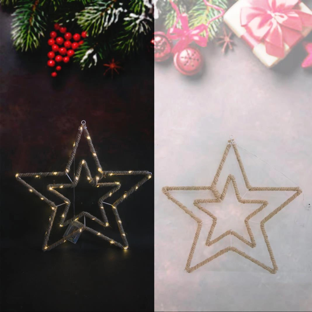 Christmas Silhouette Rope Lights Star Shape LED Hemp Jute Retro Wall Decorations