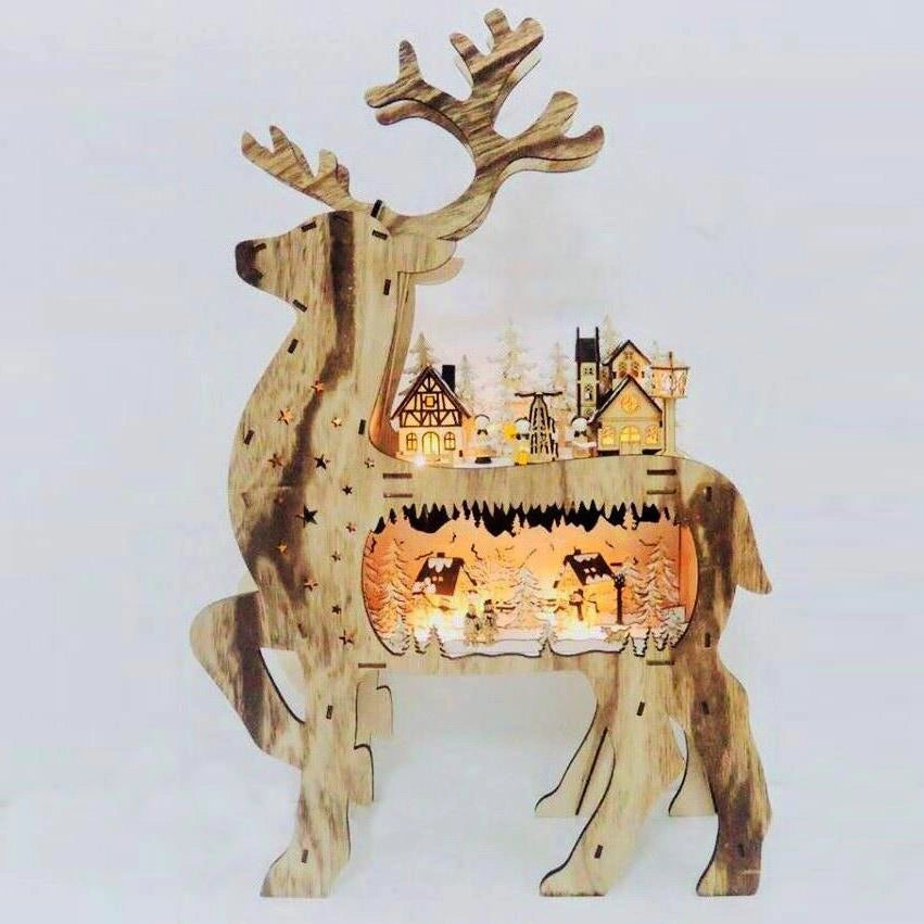 Laser Cut Wooden Reindeer Battery Operated LED Christmas Home Decorations Gifts