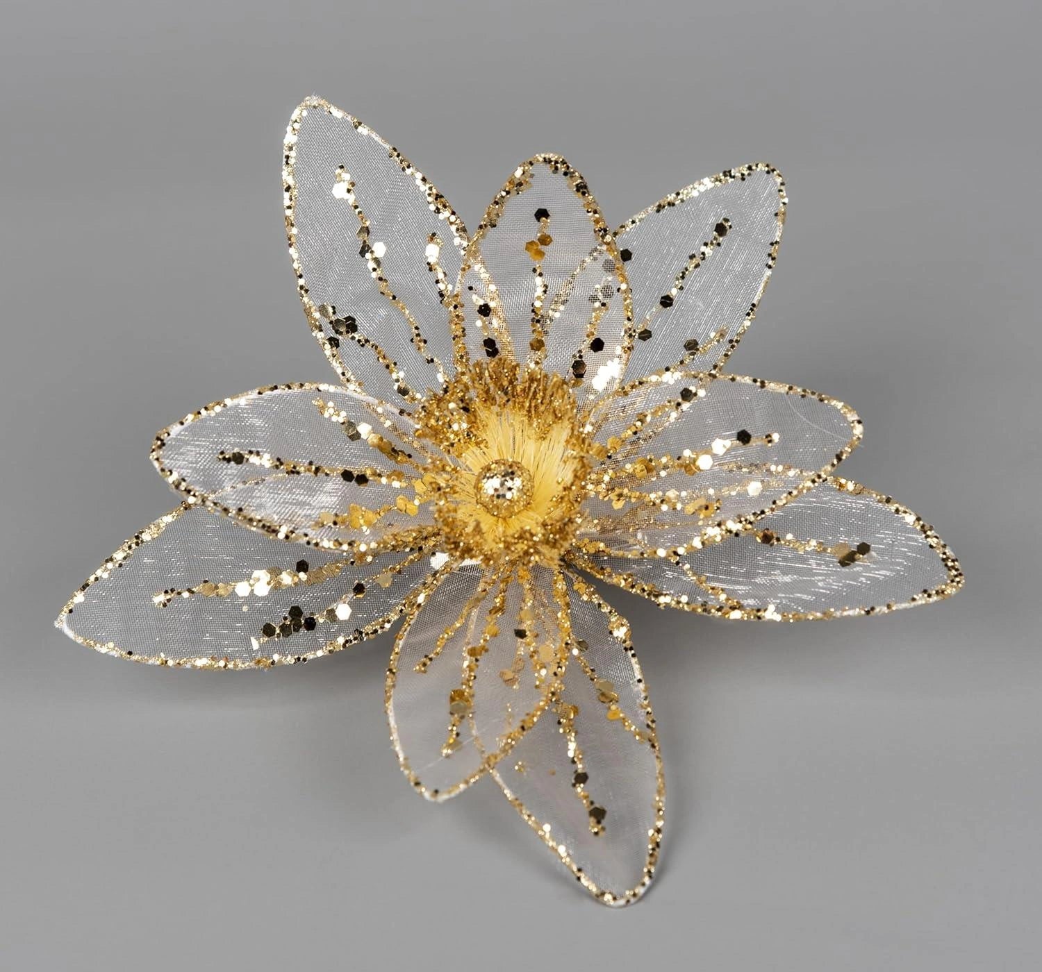 1X Christmas Ornaments Flower Poinsettia White Gold 16cm Wedding Xmas Tree Decor