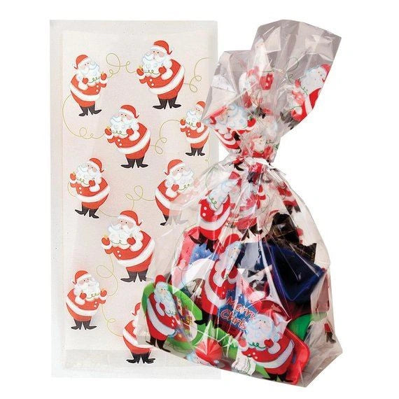 20 Santa Cellophane Cello Christmas Favour Treat Sweet Party Loot Bags With Ties