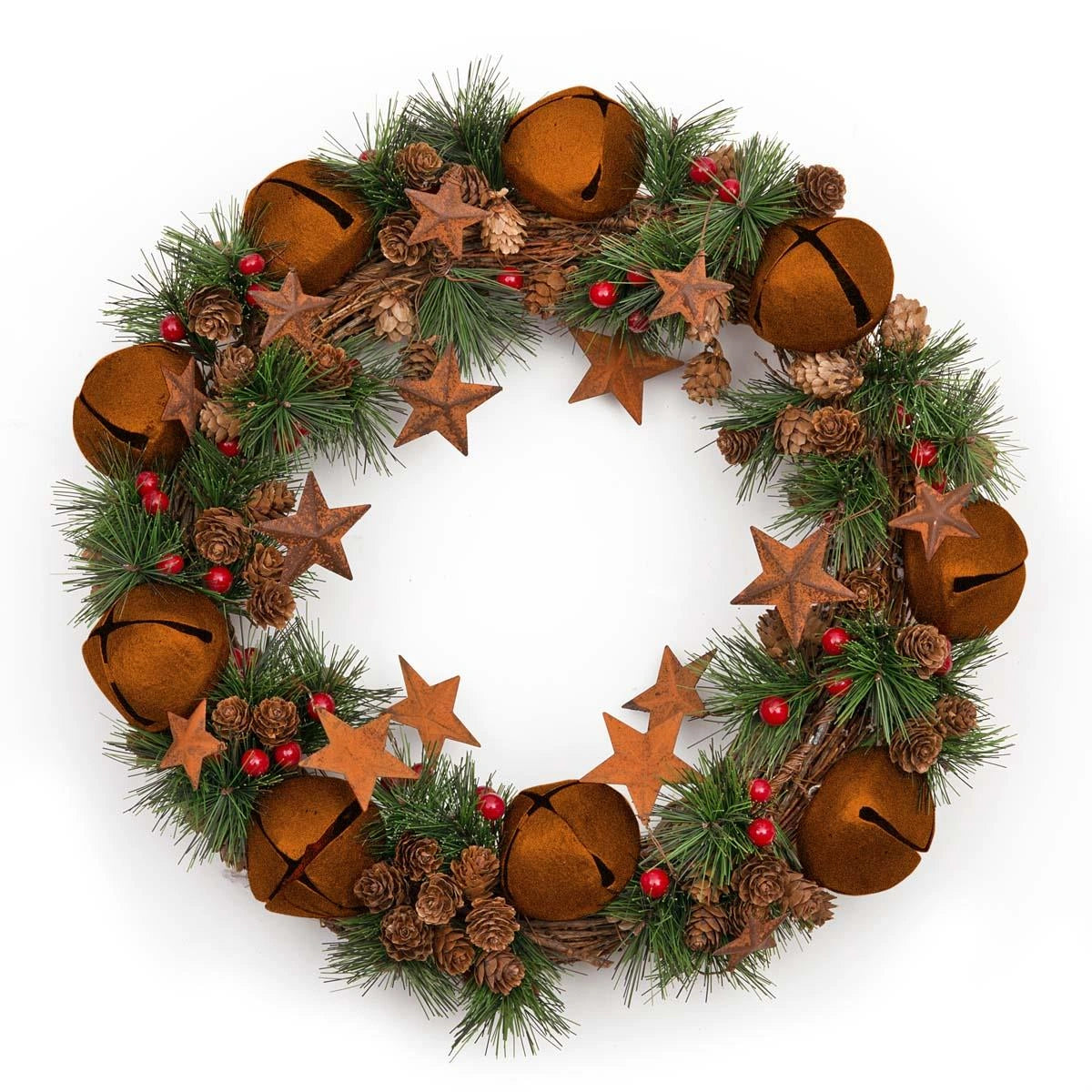 Jingle Bell Wreath With Rustic Bells Stars Pinecones And Red Berries 40Cm
