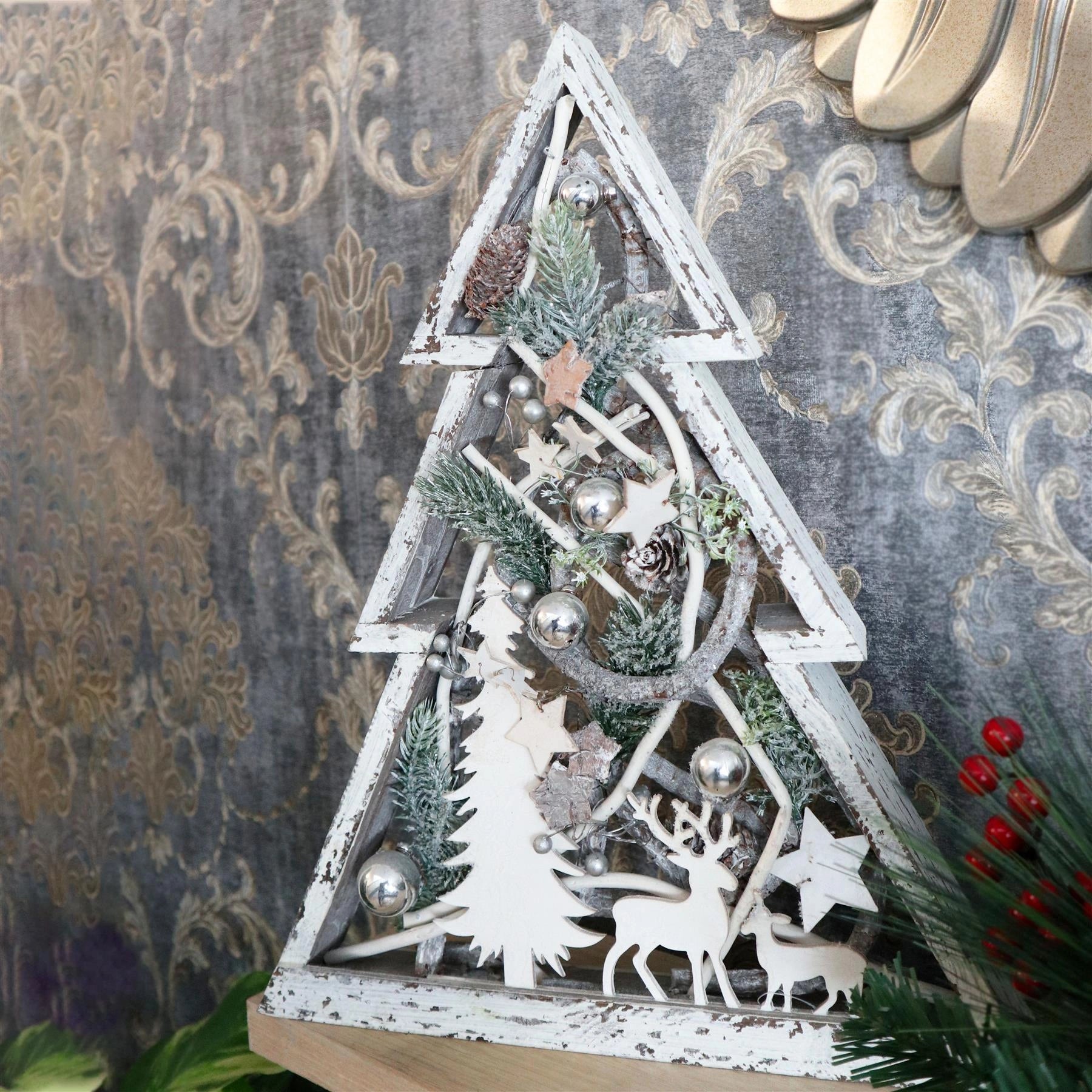 Pre Lit Christmas Table Decorations Wooden Rustic Tree Xmas Gift Home Decor 43CM