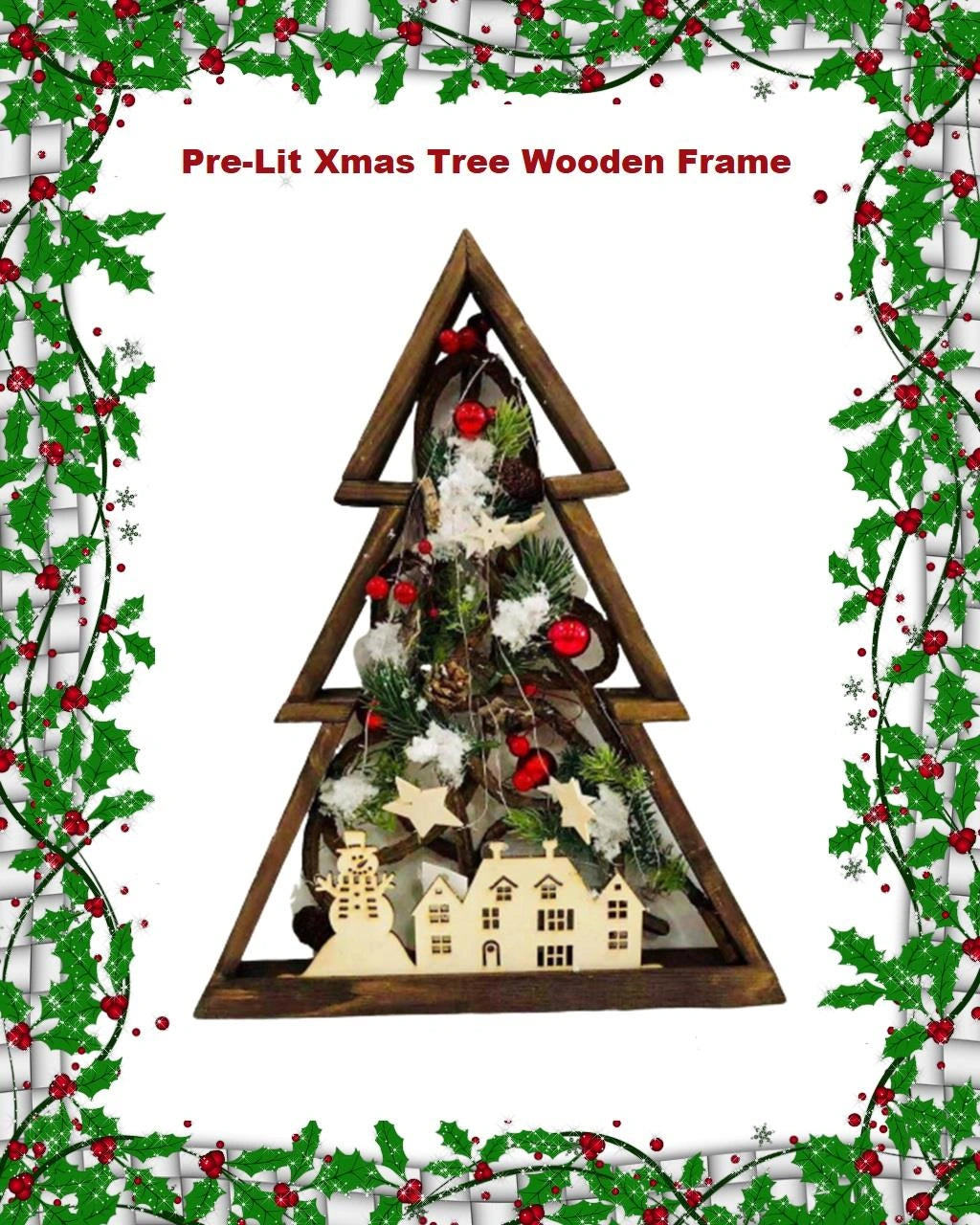 Pre Lit Christmas Table Decoration Tree LED Wooden Frame Window Xmas Home Gifts