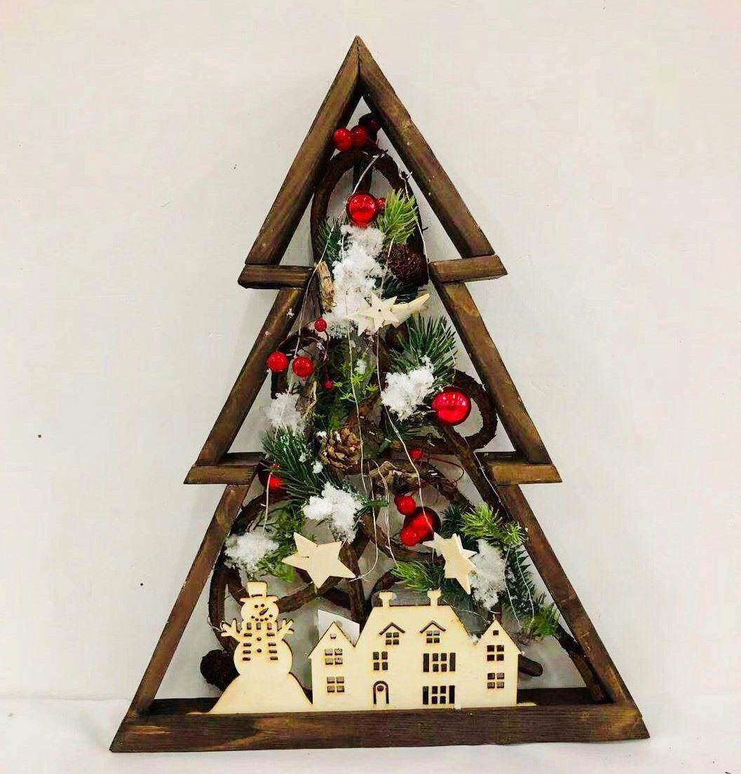 Pre Lit Christmas Table Decoration Tree LED Wooden Frame Window Xmas Home Gifts