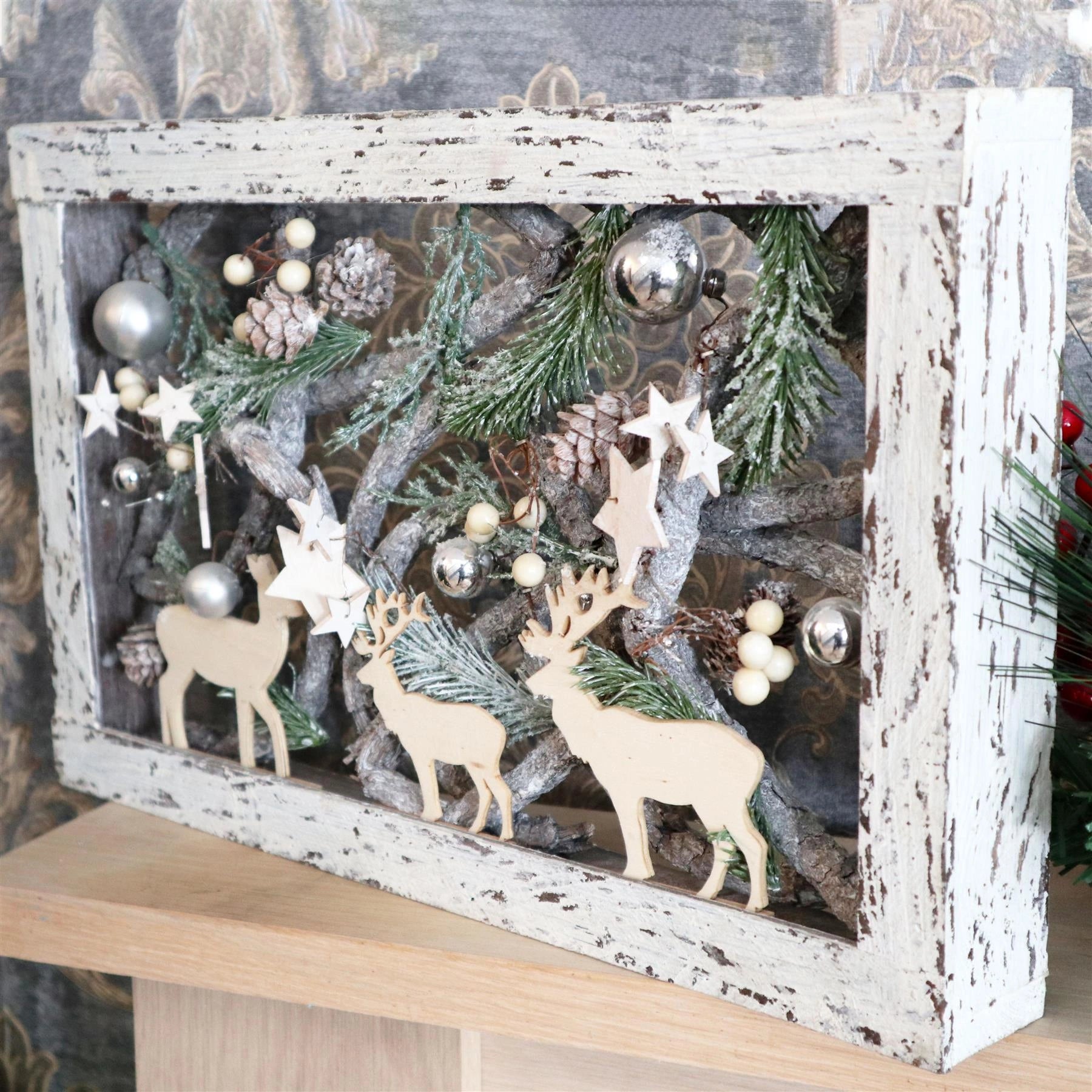 Pre Lit Christmas Table Decorations Wooden Rustic Rectangle Xmas Home Decor 40CM