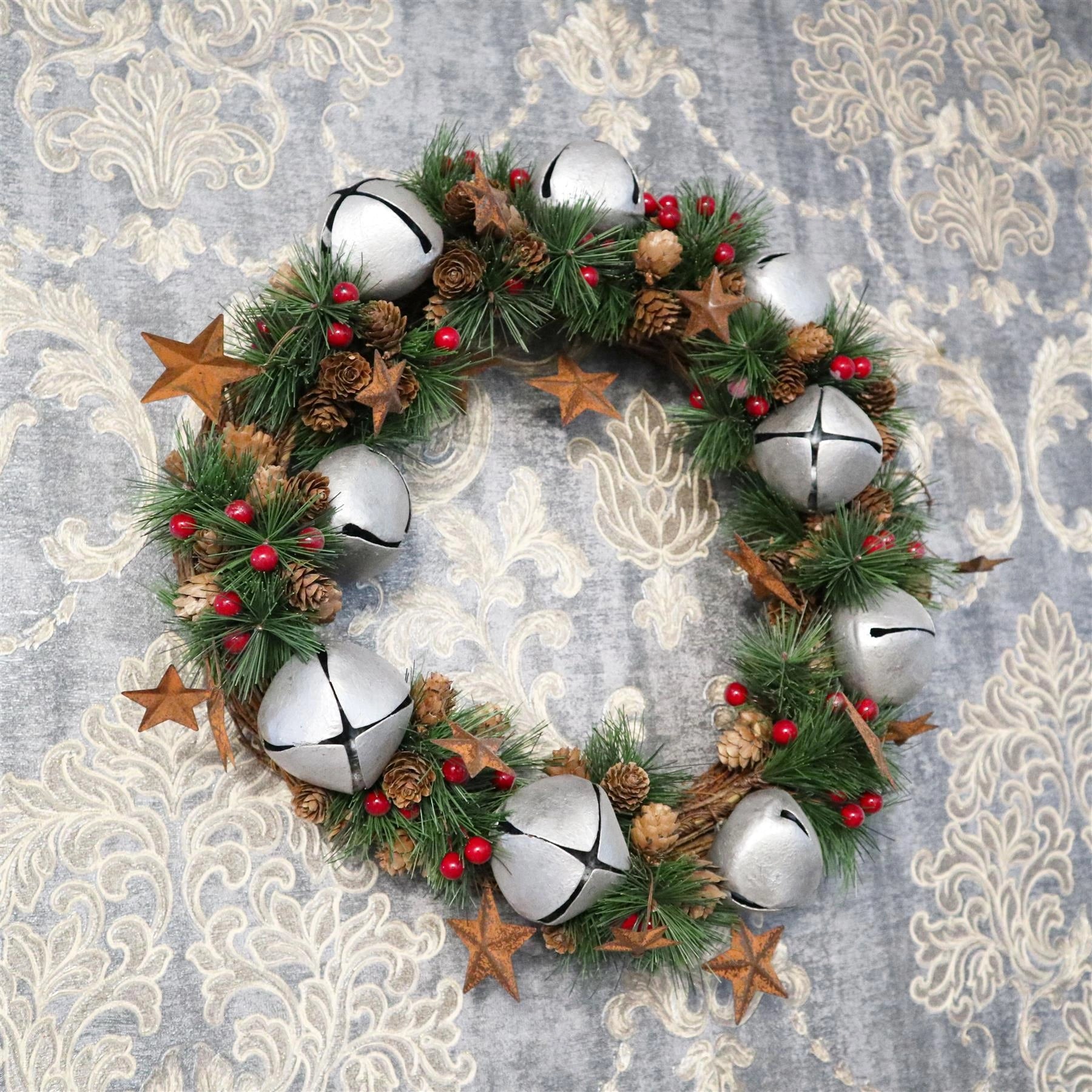Artificial Christmas wreath Silver bells Berries Home Wall Door XMAS Decorations
