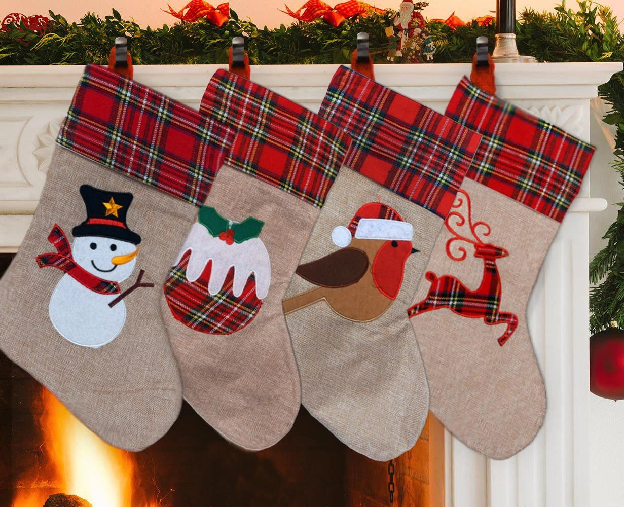 4Pcs Jute Hessian Christmas Stockings Large Santa Sack Sock Gift Bags Decoration
