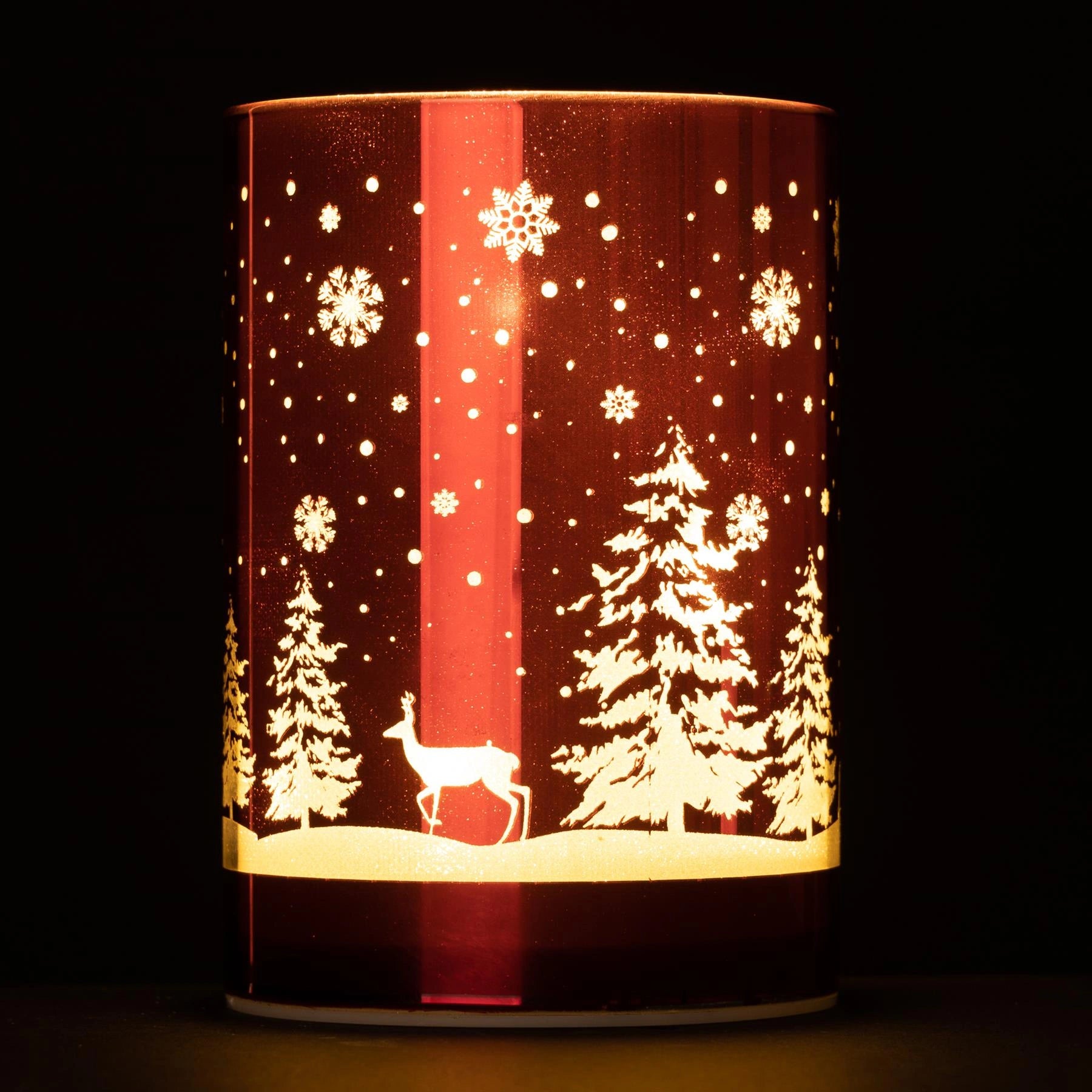 13cm Christmas Table Decoration Xmas Lamp LED Vase Forest Scene Red Cylinder
