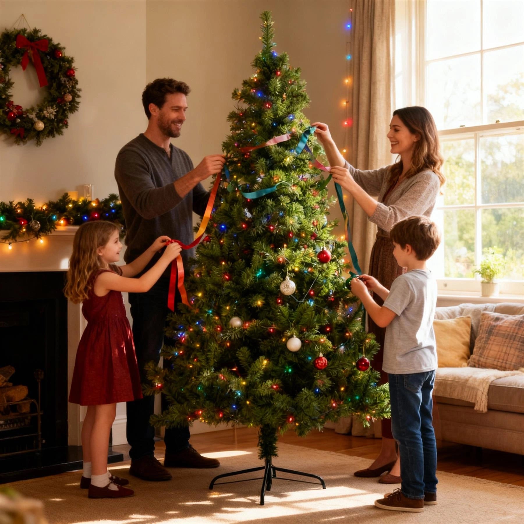 Pre-Lit Christmas Tree Green LED Lights Bushy Pine Outdoor XMAS Home Decor 6FT
