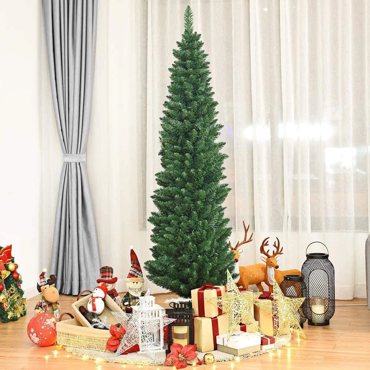 Green Christmas Tree Slim Pencil Artificial Bushy Pine XMAS Home Decoration 8FT