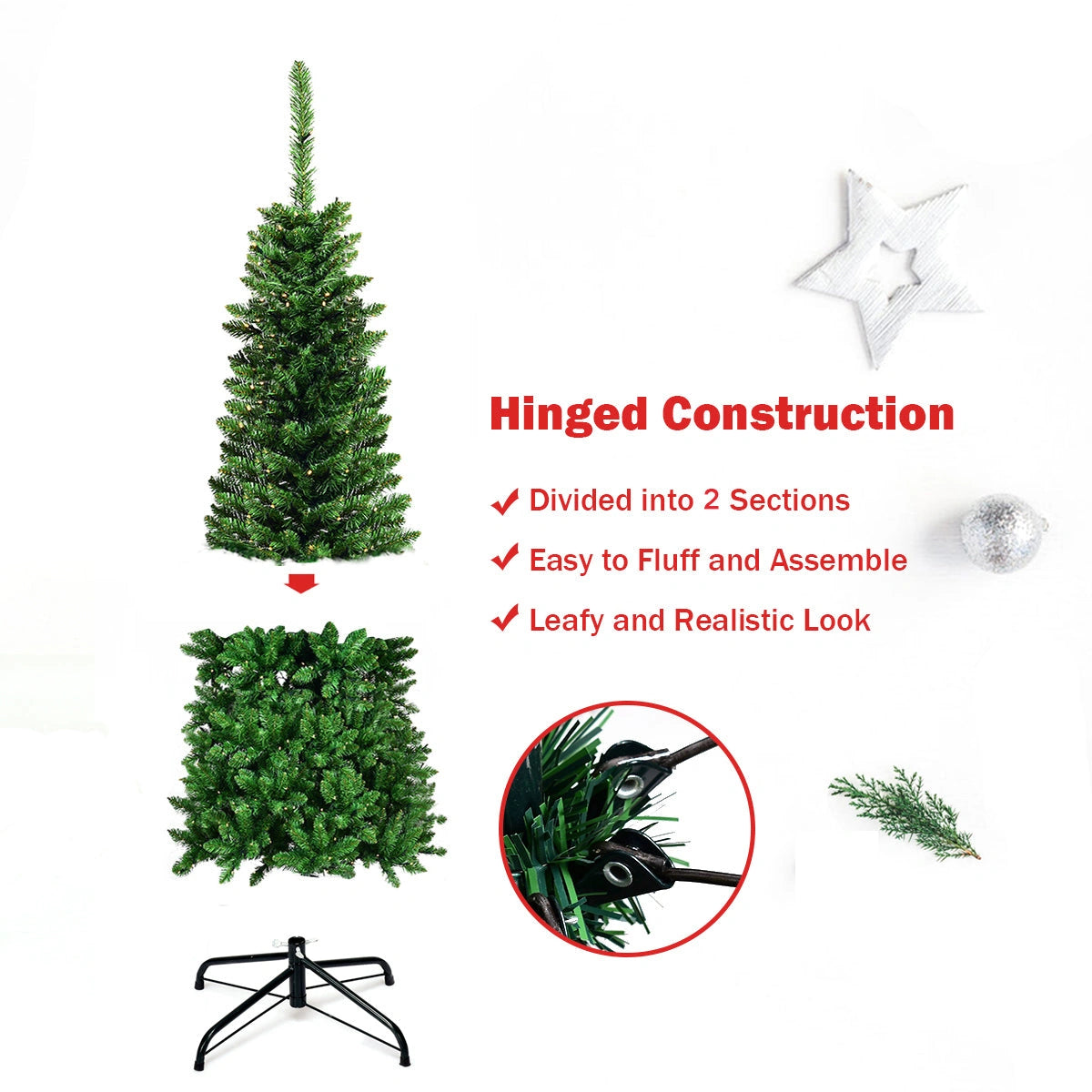 Slim Pre Lit Christmas Tree Pencil Green Artificial Bushy Pine XMAS Decor 5FT UK