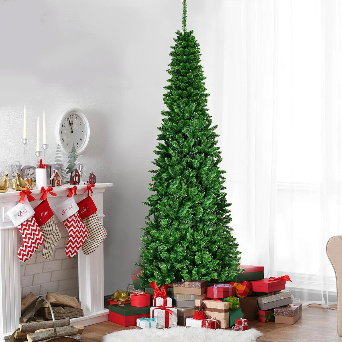Slim Pre Lit Christmas Tree Pencil Green Artificial Bushy Pine XMAS Decor 5FT UK