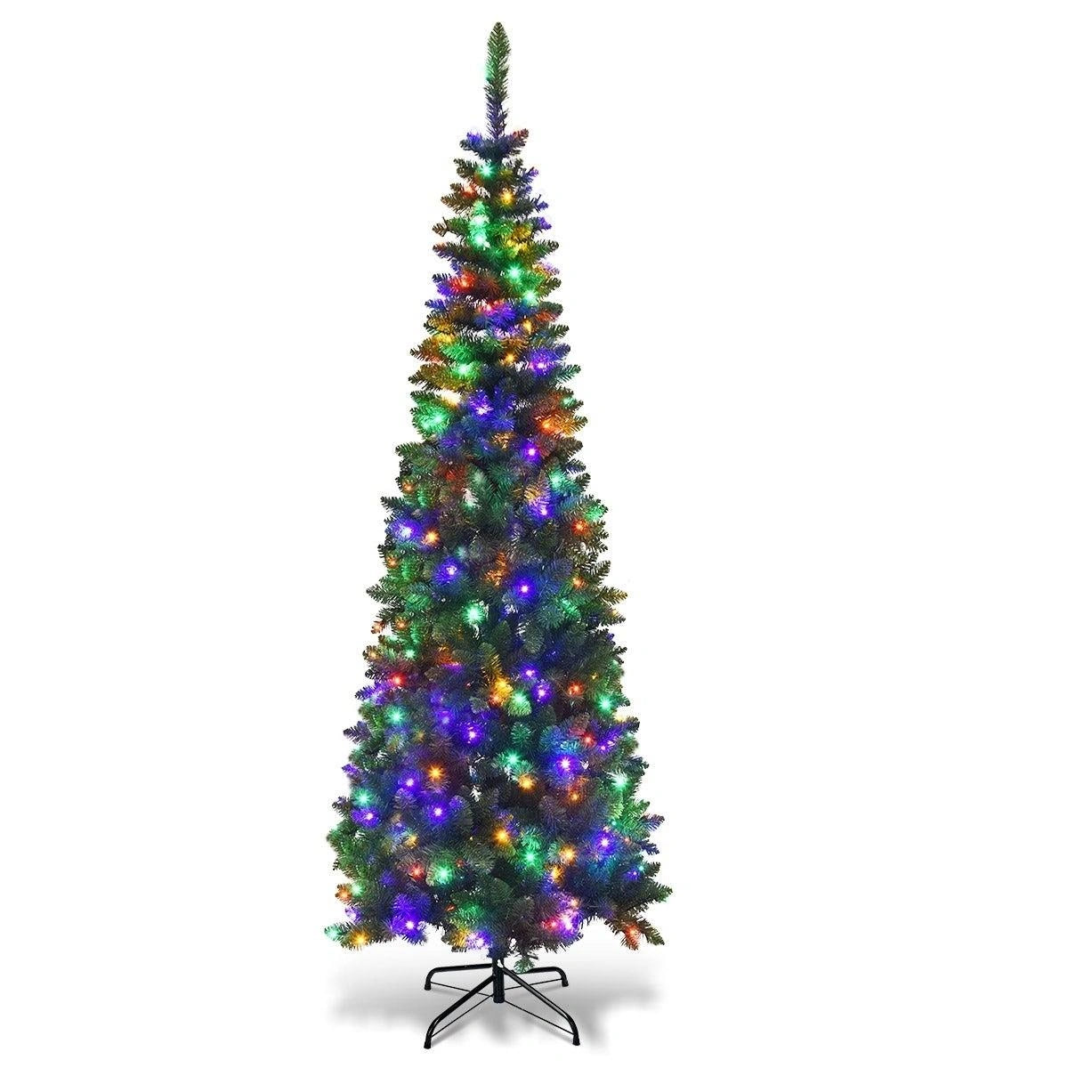SHATCHI 4Ft-8Ft Pre-Lit Artificial Slim Christmas Pencil Tree Holiday Home Decorations, Pointed Tips, Warm White/Multicolour LEDs and Metal Stand, Green W/Mullticolour, 5Ft