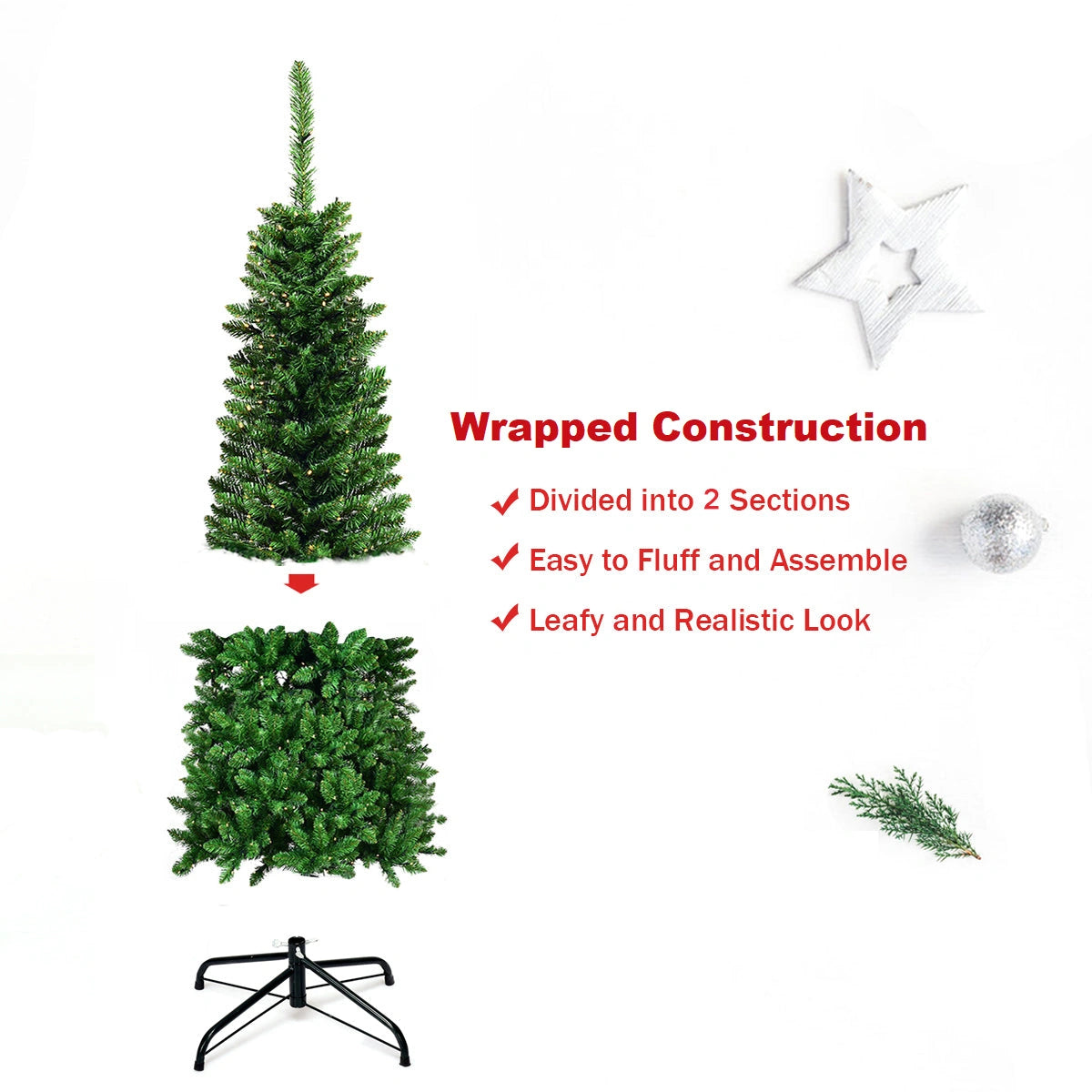 Slim Pre Lit Christmas Tree Pencil Green Artificial Bushy Pine XMAS Decor 5FT UK