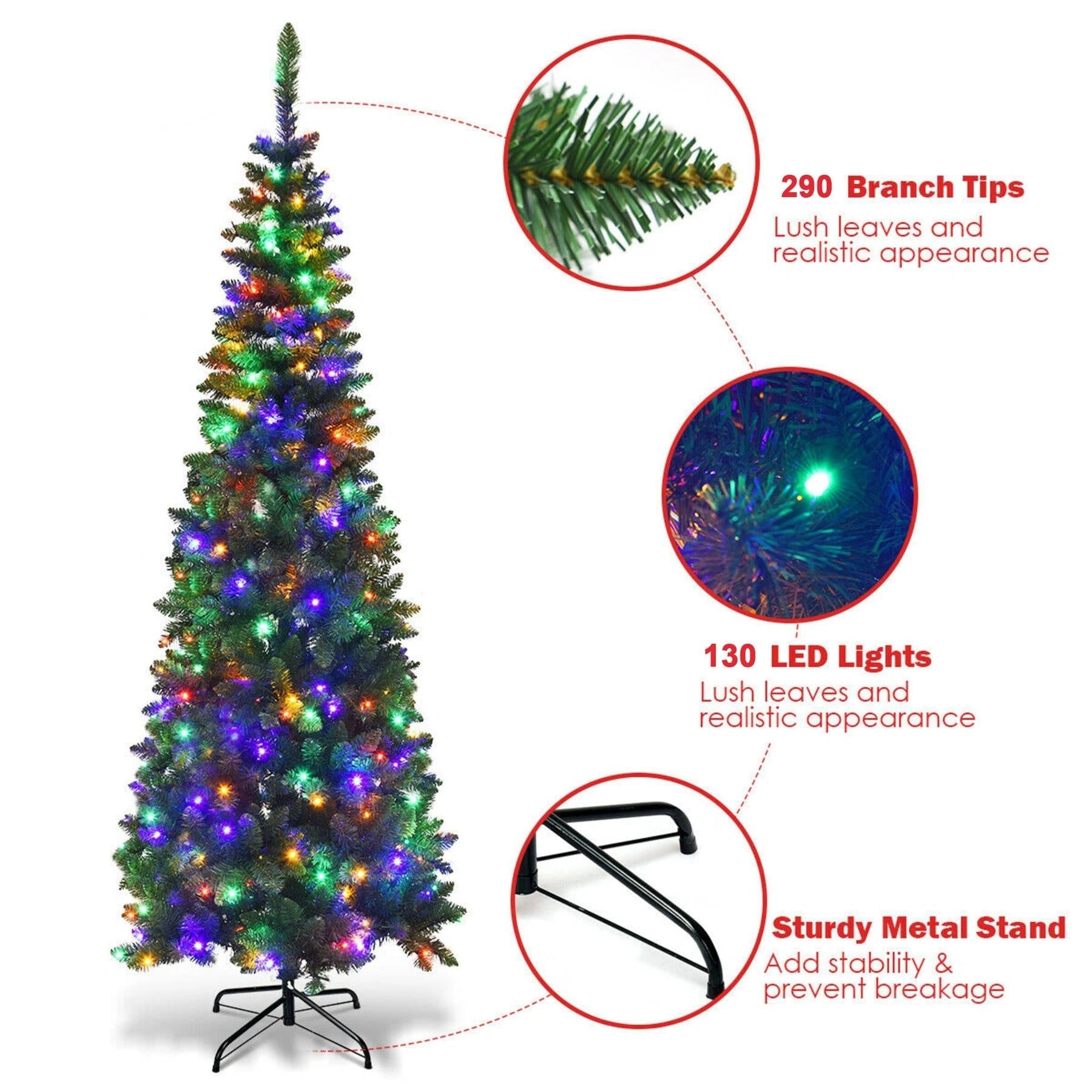 Slim Pre Lit Christmas Tree Pencil Green Artificial Bushy Pine XMAS Decor 5FT UK