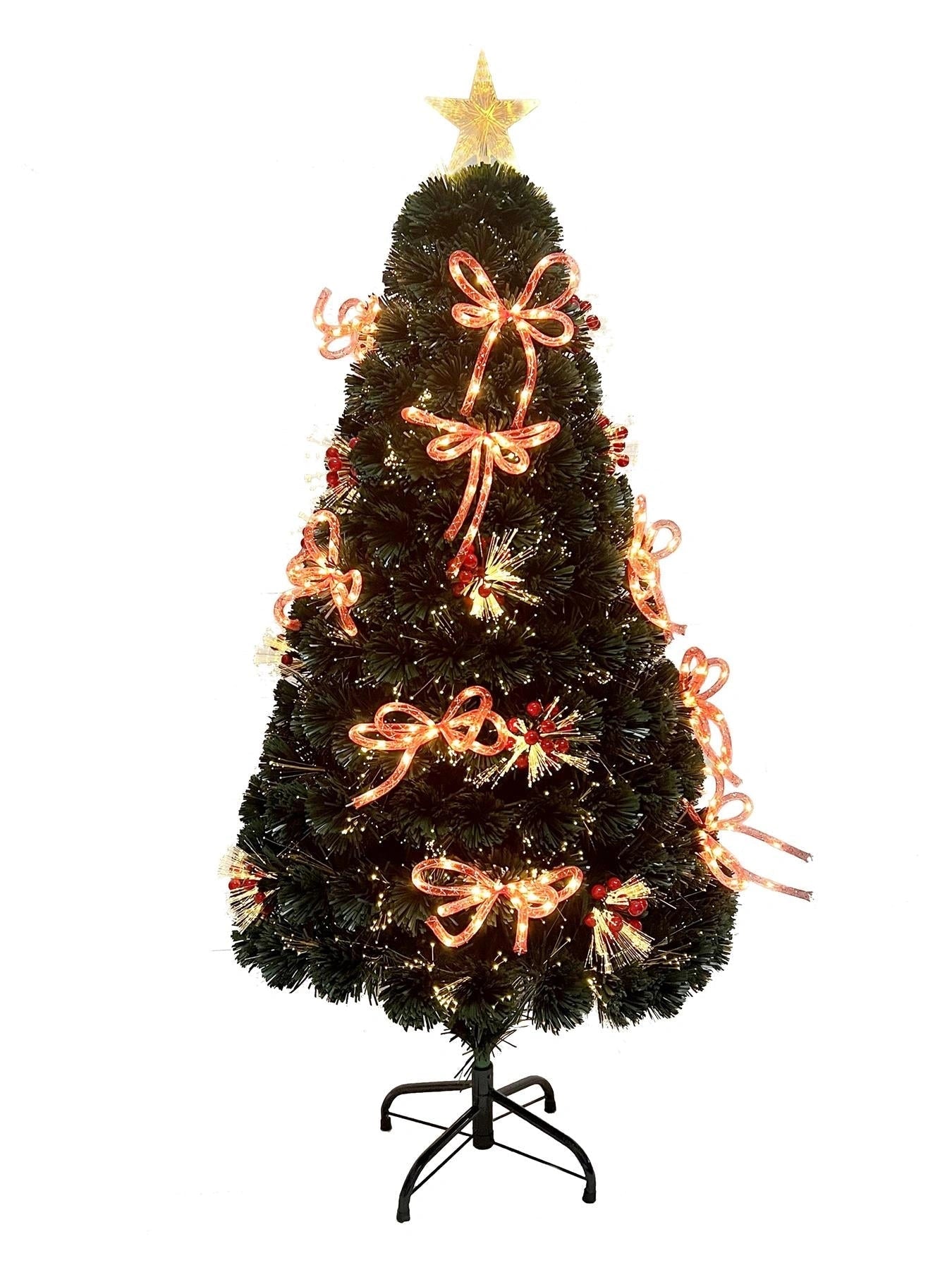 4FT Fibre Optic Christmas Tree Pre-Lit Bushy LED Ribbon-Bows Xmas Home Decor