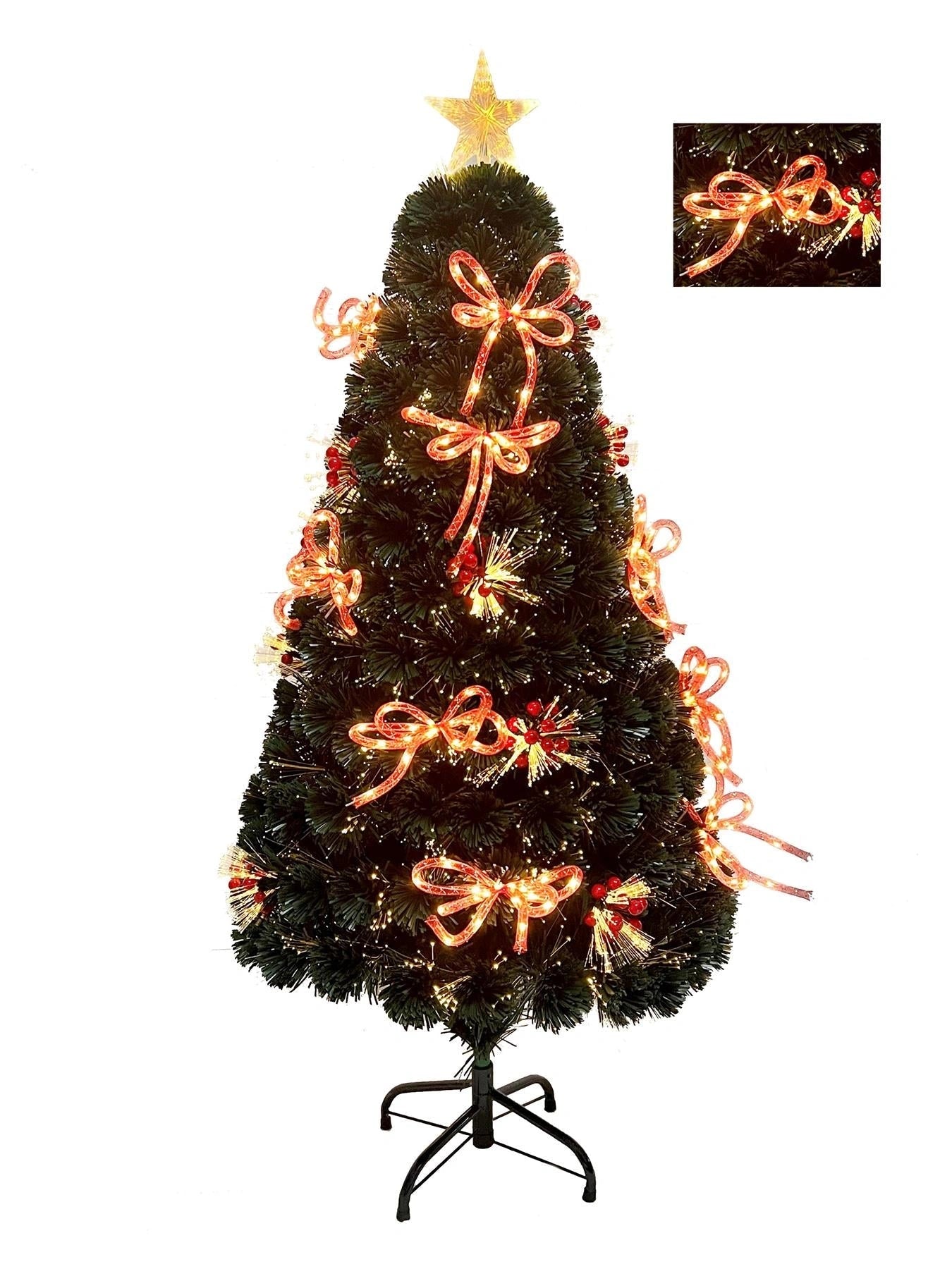 SHATCHI 4Ft/120cm Fibre Optic Christmas Star Topper-Ribbon Bows Decorations-Green Pre-Lit Artificial Xmas Tree Featuring Red Berries, 8 Changing Light Modes, PVC, 4ft