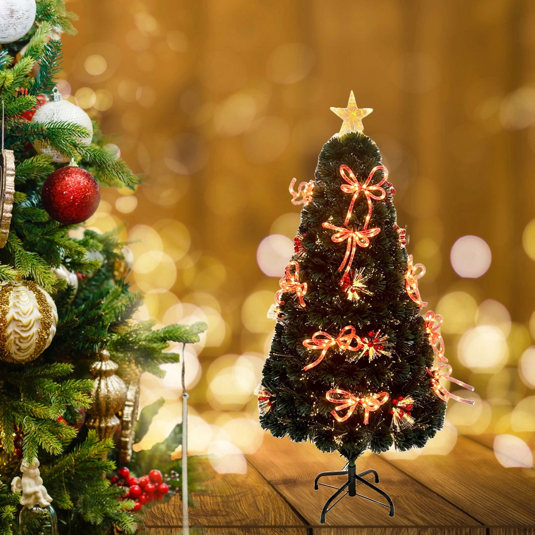 5FT Fibre Optic Christmas Tree Pre-Lit Bushy LED Ribbon-Bows Xmas Home Decor