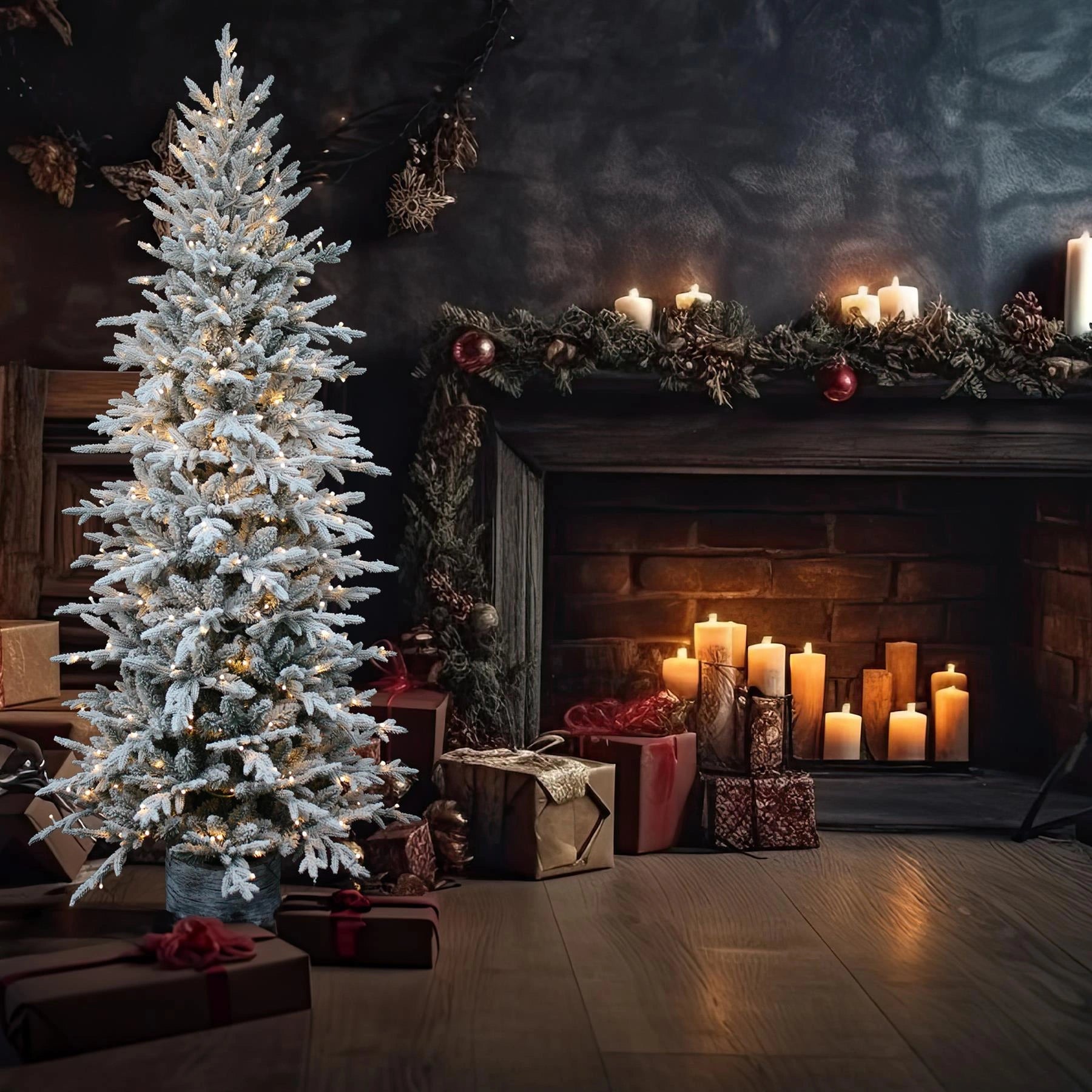 5Ft/1.5m Pre Lit Potted Snow Flocked Christmas Tree with 100 Warm White LED Lights Changing 8 Modes, PE PVC Mixed Snowy Tips, Resin Base Stand, 150 cm