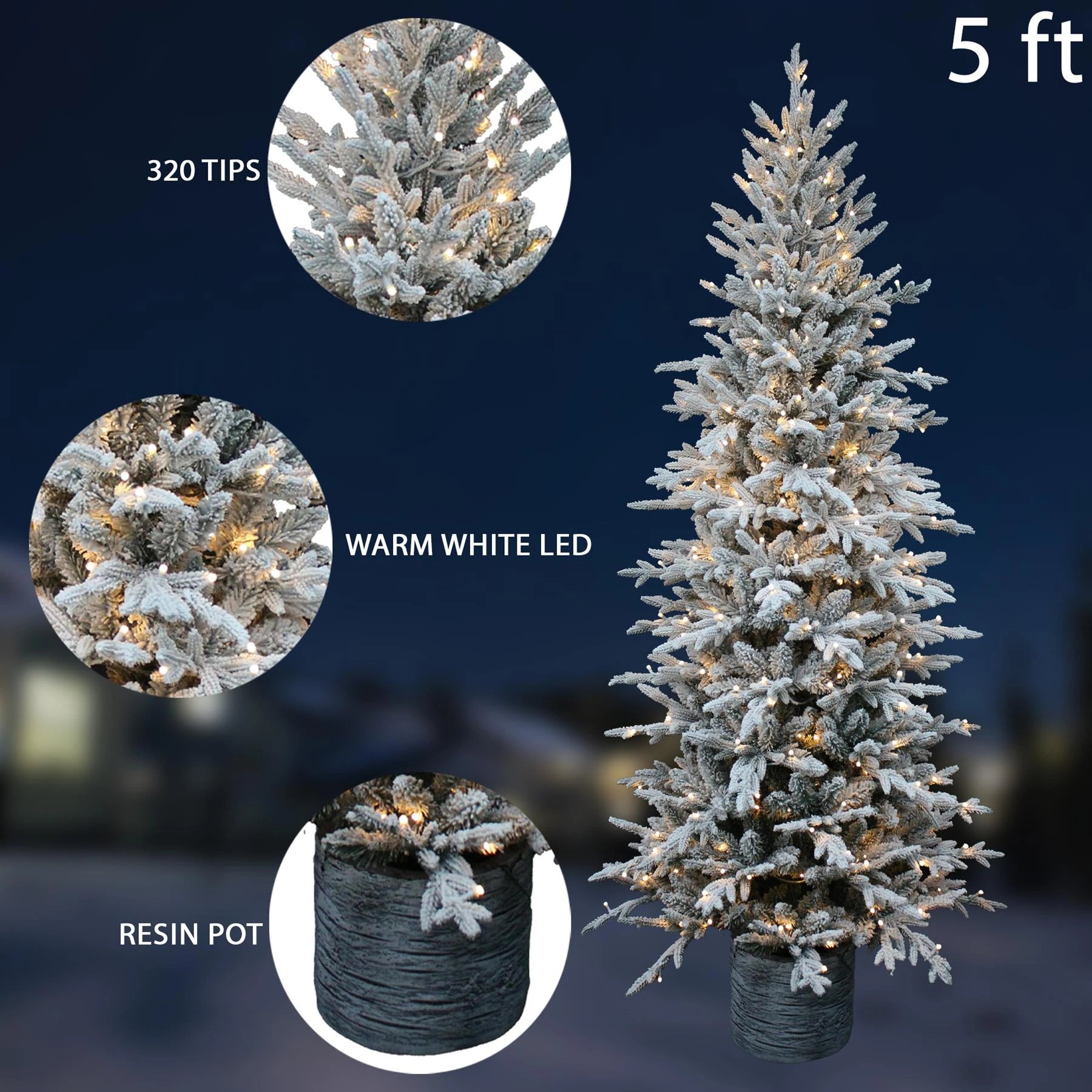 5Ft/1.5m Pre Lit Potted Snow Flocked Christmas Tree with 100 Warm White LED Lights Changing 8 Modes, PE PVC Mixed Snowy Tips, Resin Base Stand, 150 cm