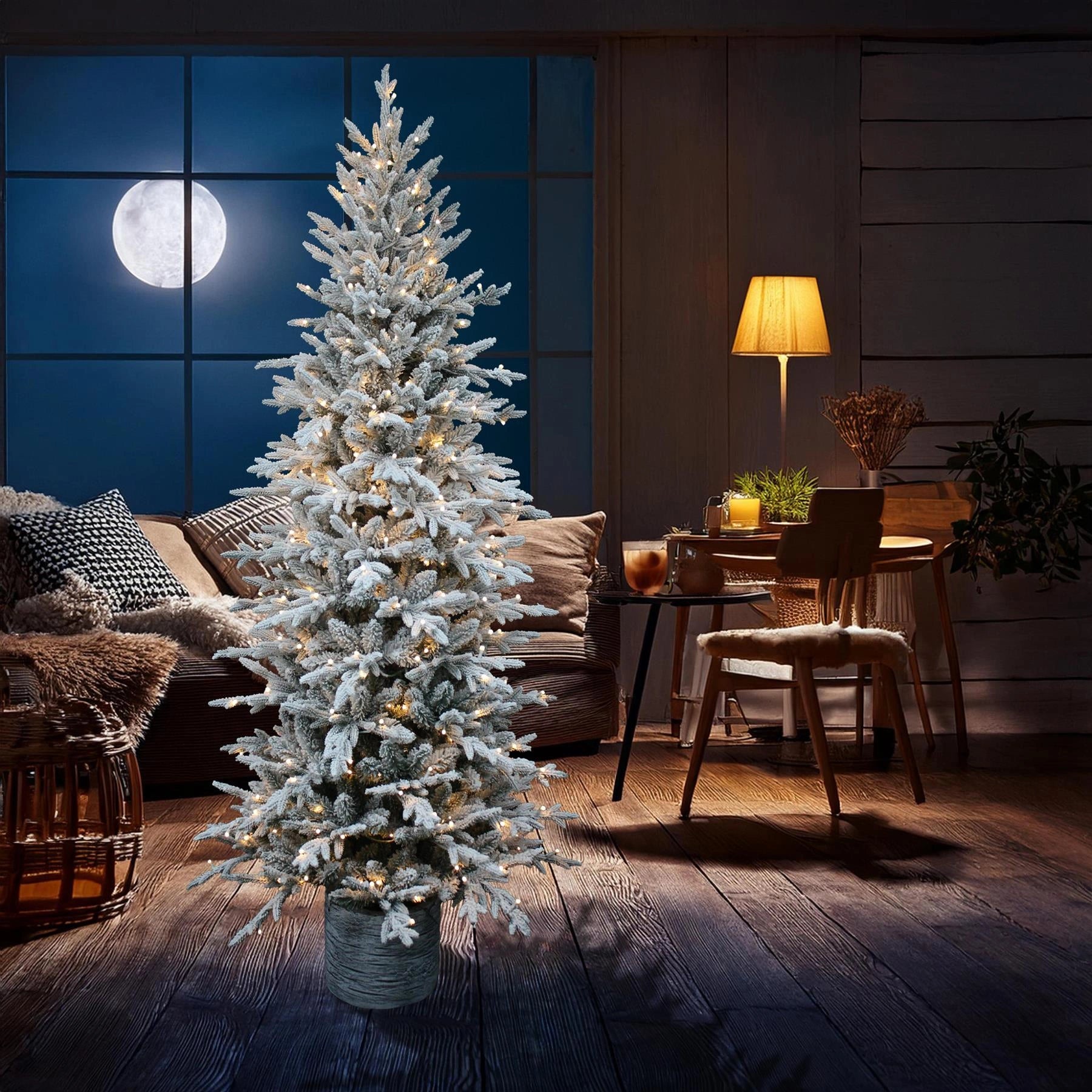 5Ft/1.5m Pre Lit Potted Snow Flocked Christmas Tree with 100 Warm White LED Lights Changing 8 Modes, PE PVC Mixed Snowy Tips, Resin Base Stand, 150 cm