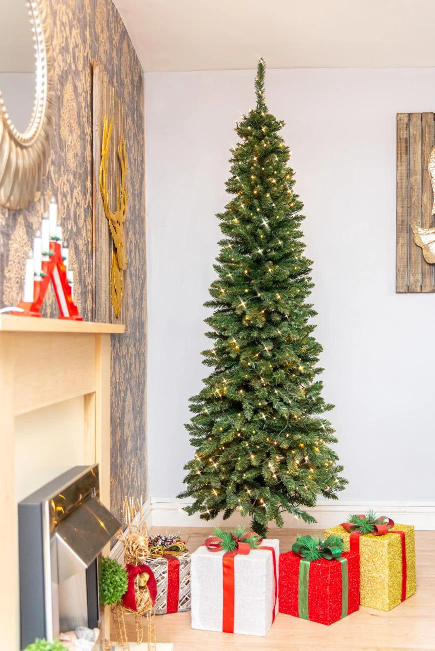Christmas Tree Pre Lit Slim Pencil Green Artificial Bushy Pine XMAS Decor 5FT UK