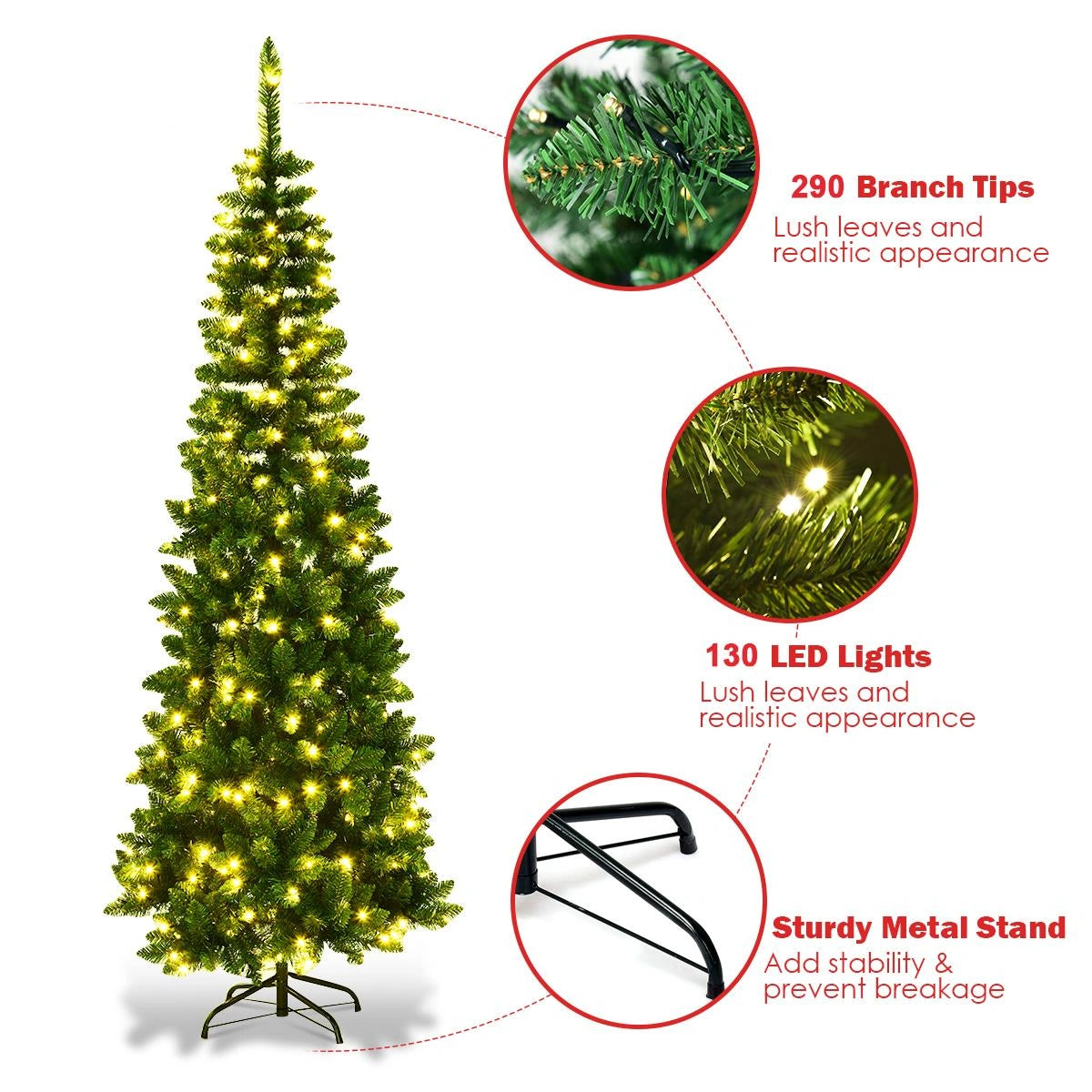 Christmas Tree Pre Lit Slim Pencil Green Artificial Bushy Pine XMAS Decor 5FT UK