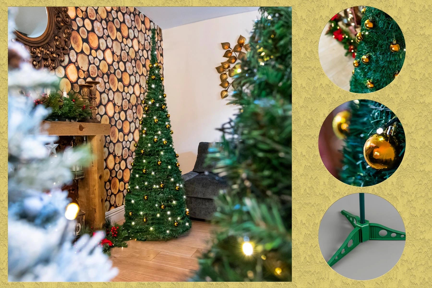 6FT Pop Up Christmas Tree Pre Lit Battery Operated LED Gold Baubles Xmas Decor