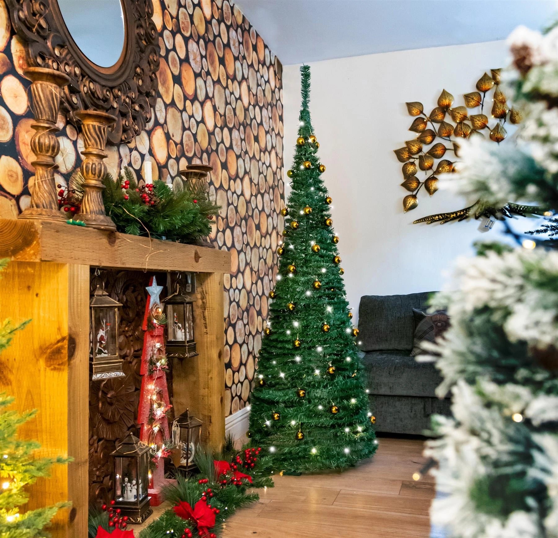 6FT Pop Up Christmas Tree Pre Lit Battery Operated LED Gold Baubles Xmas Decor