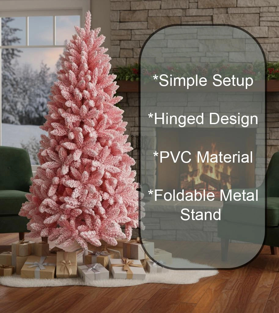 4Ft Christmas Tree Snow Flocked Pink Dusted Artificial Pine Holiday Home Decor