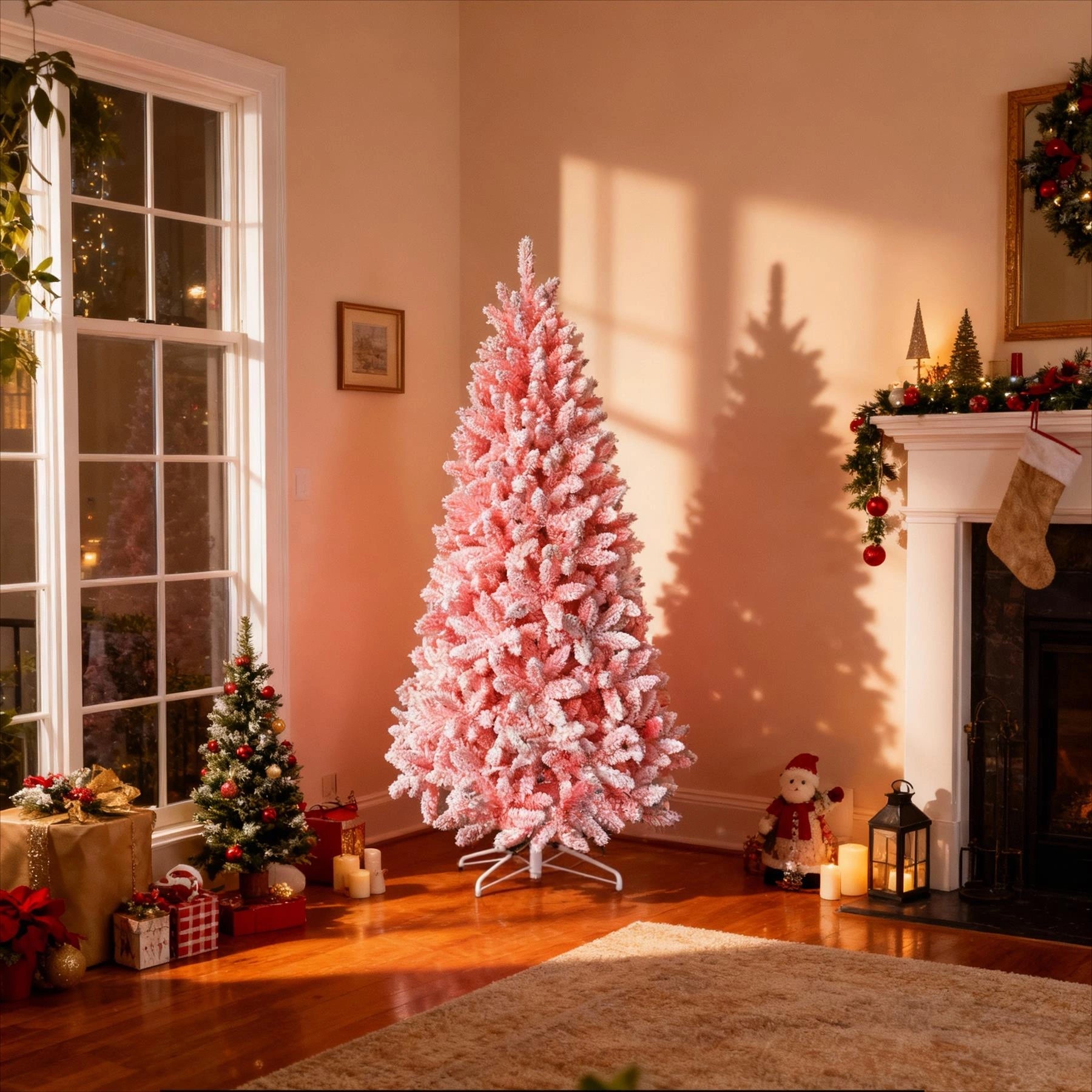 4Ft Christmas Tree Snow Flocked Pink Dusted Artificial Pine Holiday Home Decor