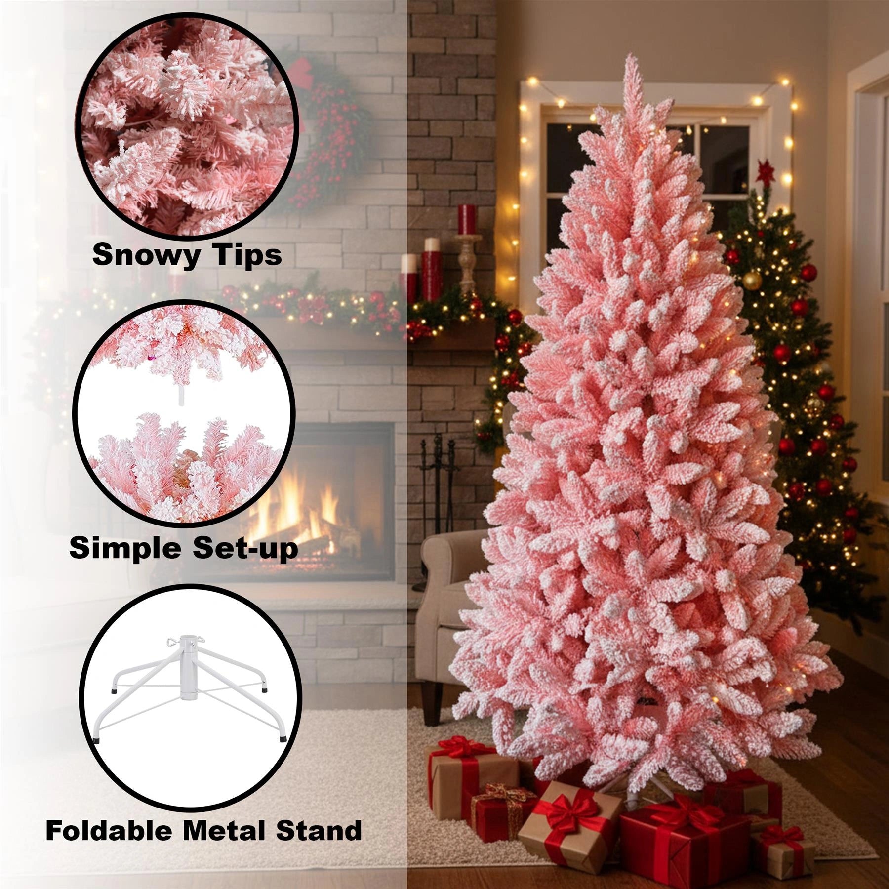 4Ft Christmas Tree Snow Flocked Pink Dusted Artificial Pine Holiday Home Decor