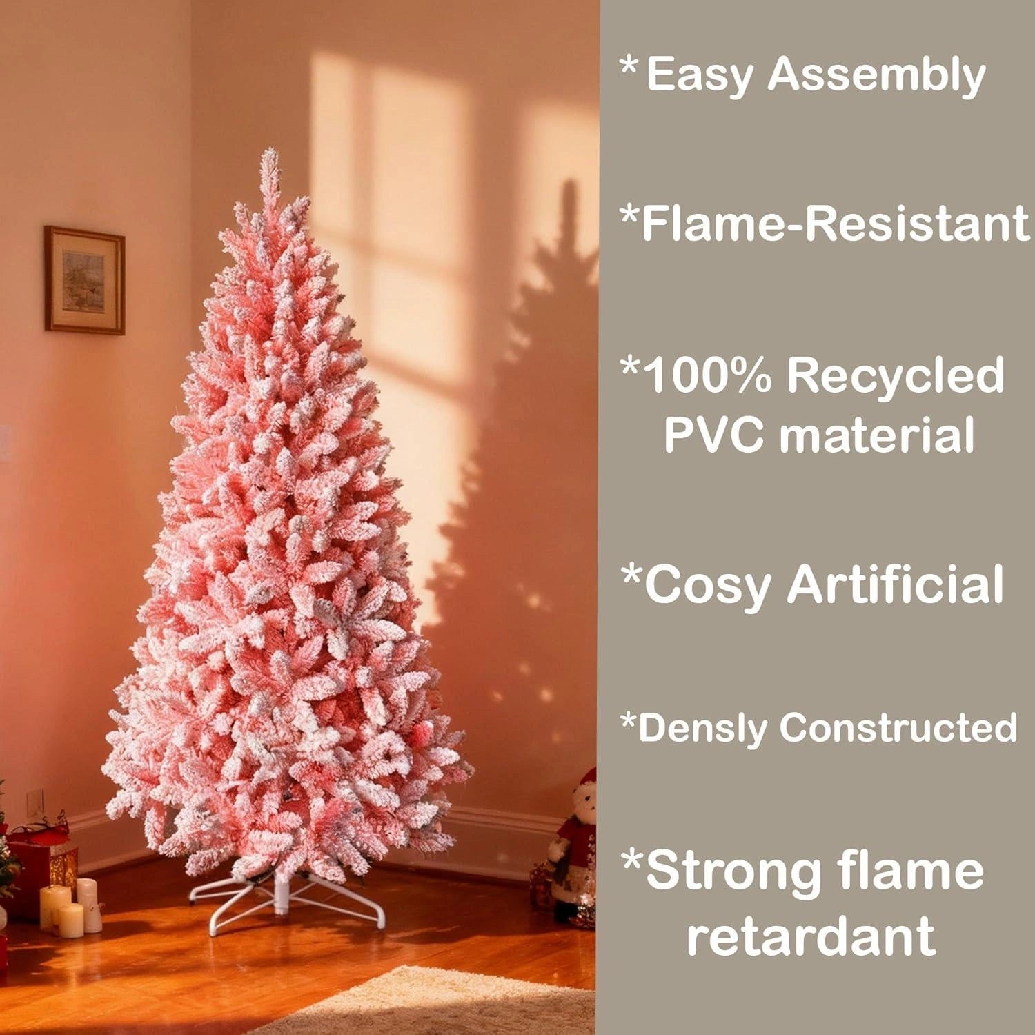 6Ft Christmas Tree Snow Flocked Pink Dusted Artificial Pine Holiday Home Decor