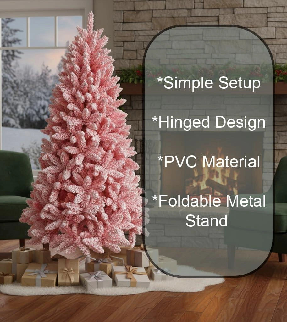 7Ft Christmas Tree Snow Flocked Pink Dusted Artificial Pine Holiday Home Decor