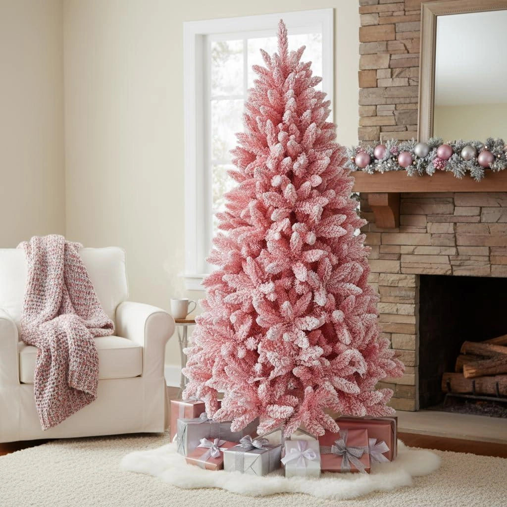 8Ft Christmas Tree Snow Flocked Pink Dusted Artificial Pine Holiday Home Decor