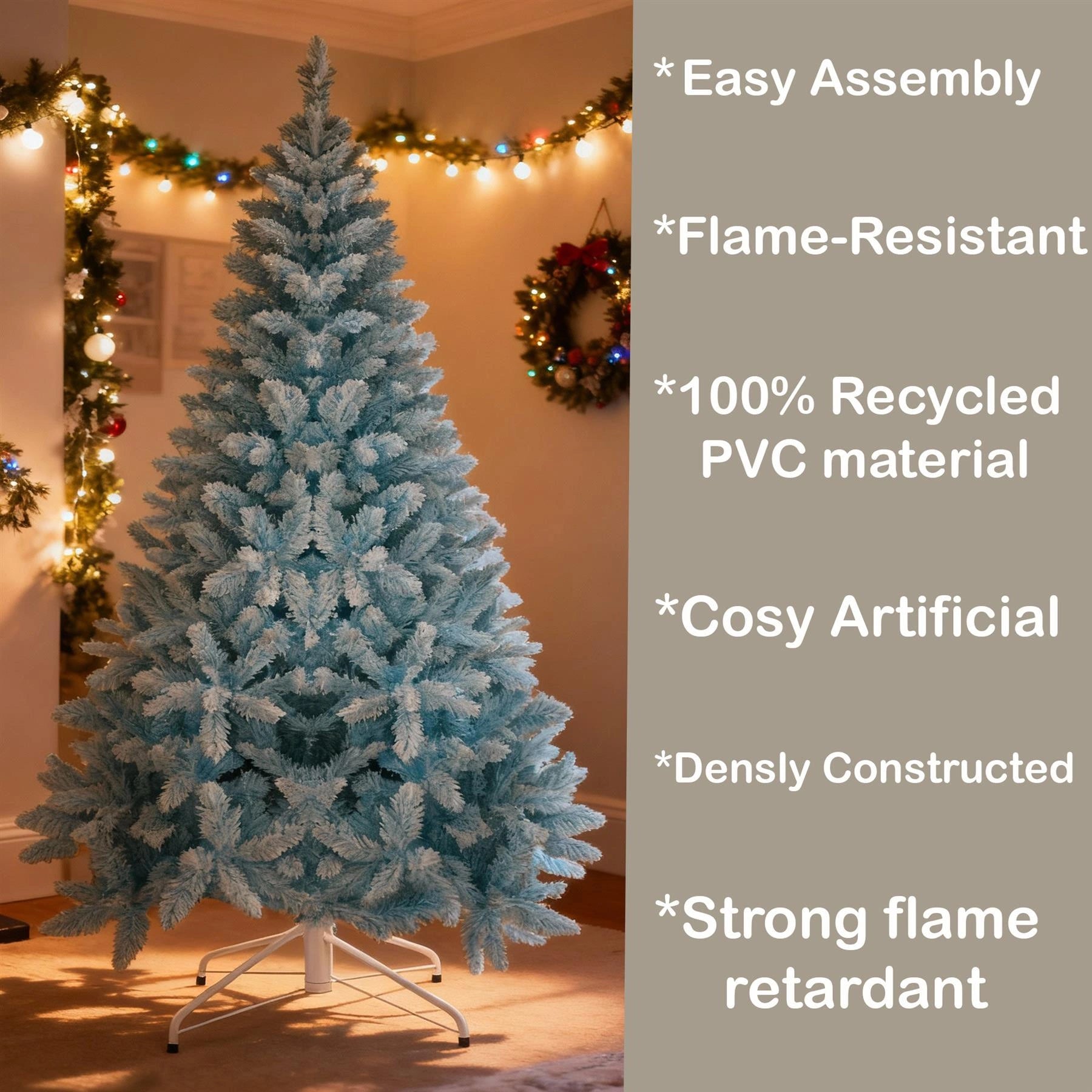 6Ft Christmas Tree Snow Flocked Blue Dusted Artificial Pine Holiday Home Decor