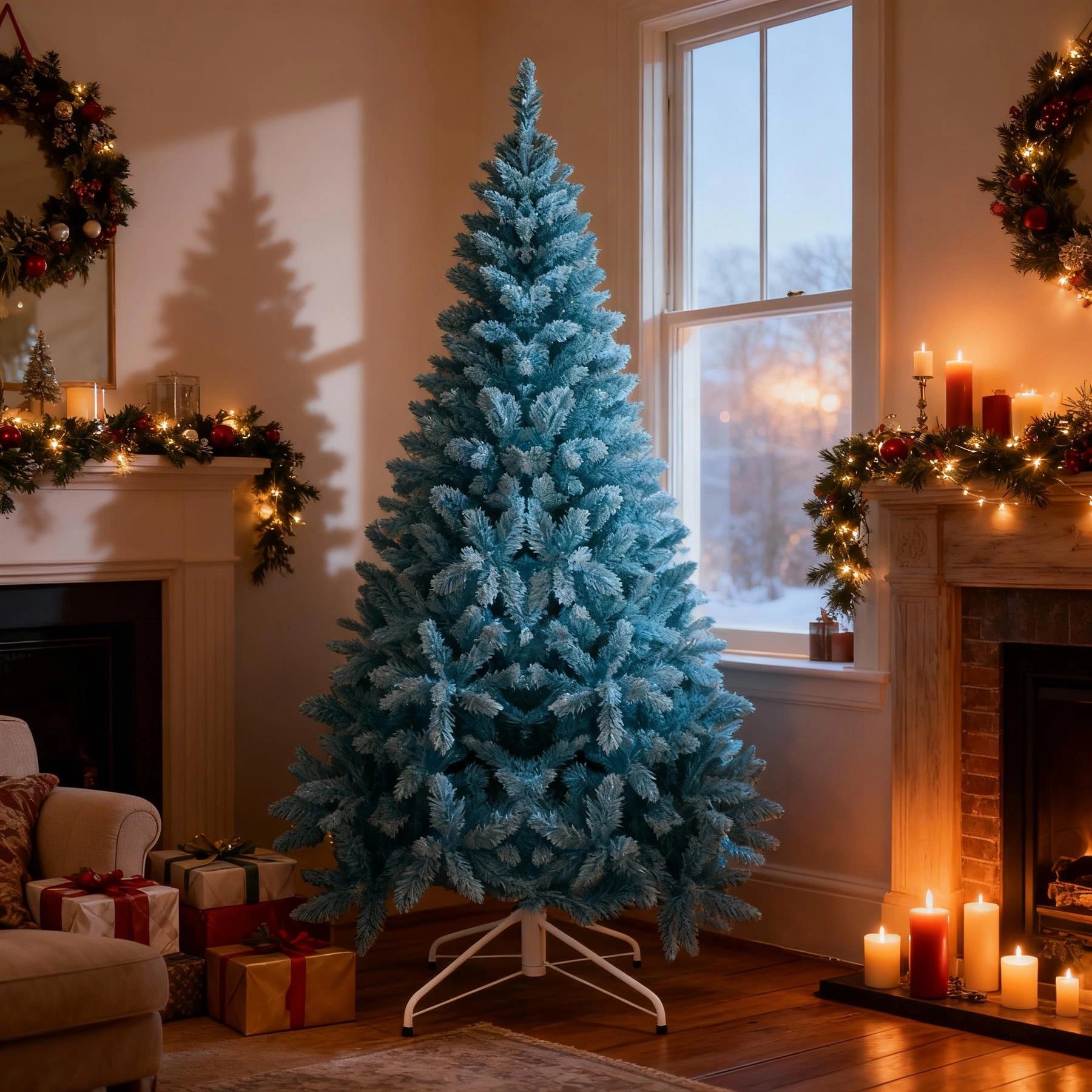 6Ft Christmas Tree Snow Flocked Blue Dusted Artificial Pine Holiday Home Decor