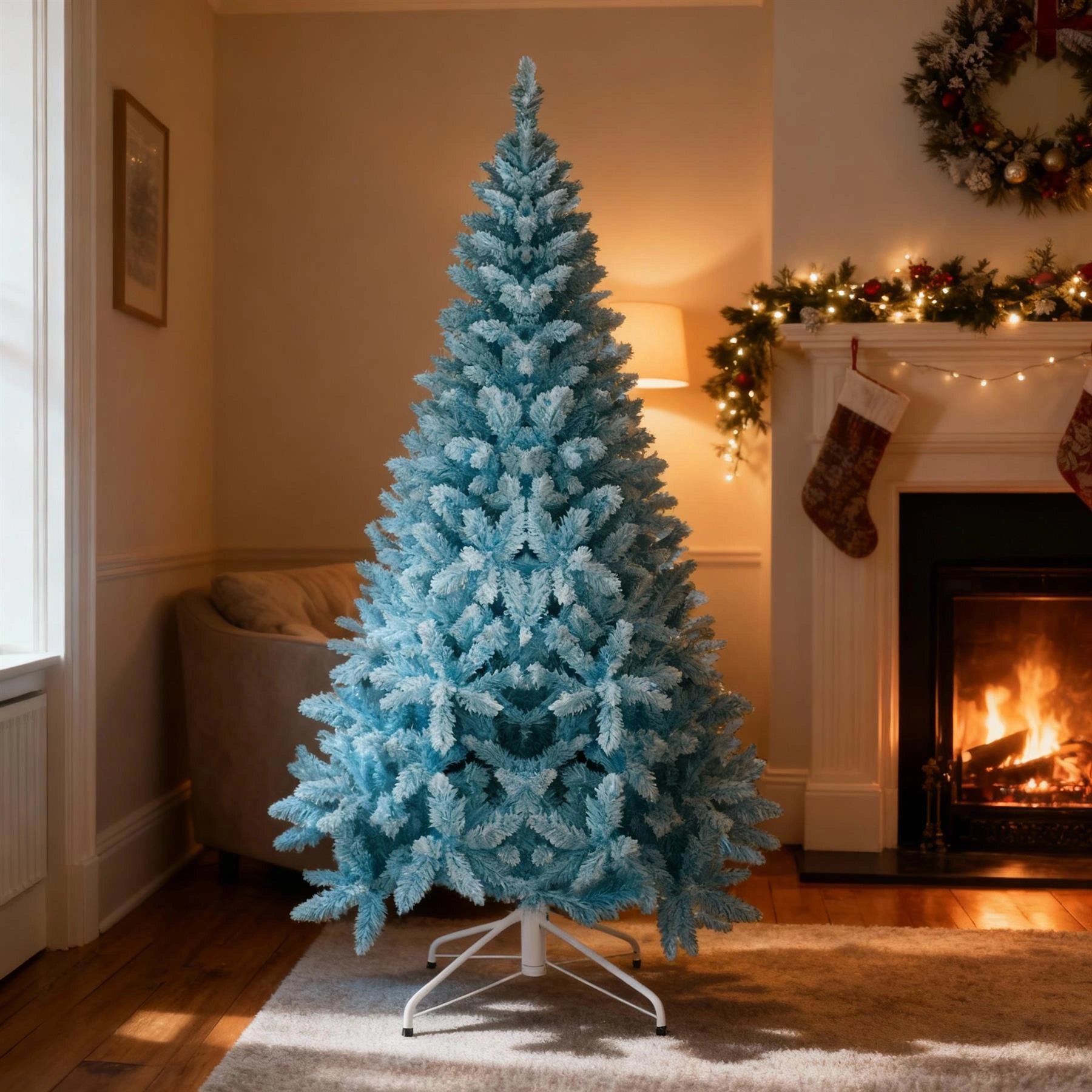7Ft Christmas Tree Snow Flocked Blue Dusted Artificial Pine Holiday Home Decor