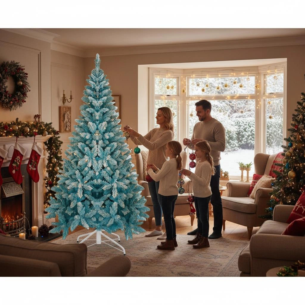 8Ft Christmas Tree Snow Flocked Blue Dusted Artificial Pine Holiday Home Decor