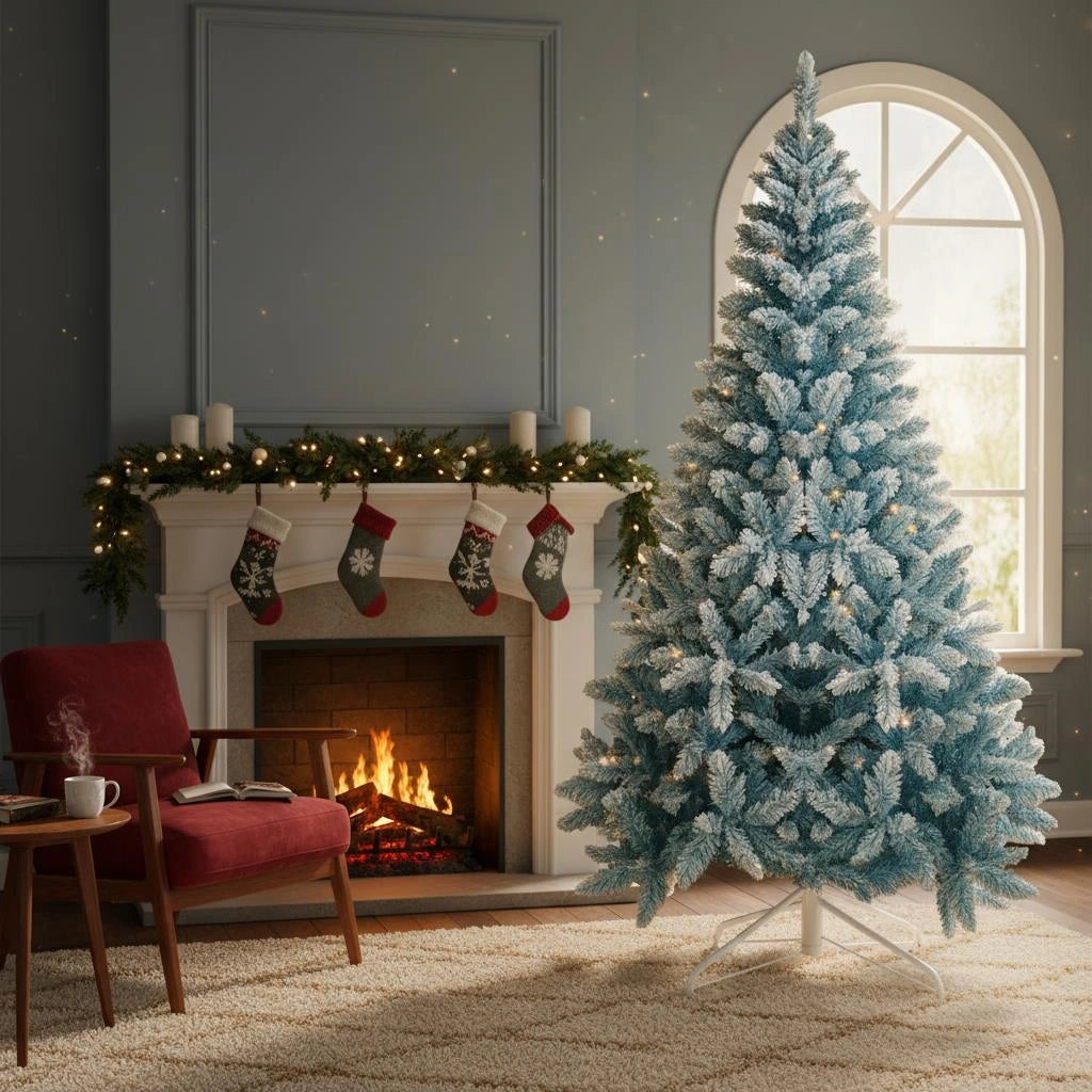 8Ft Christmas Tree Snow Flocked Blue Dusted Artificial Pine Holiday Home Decor