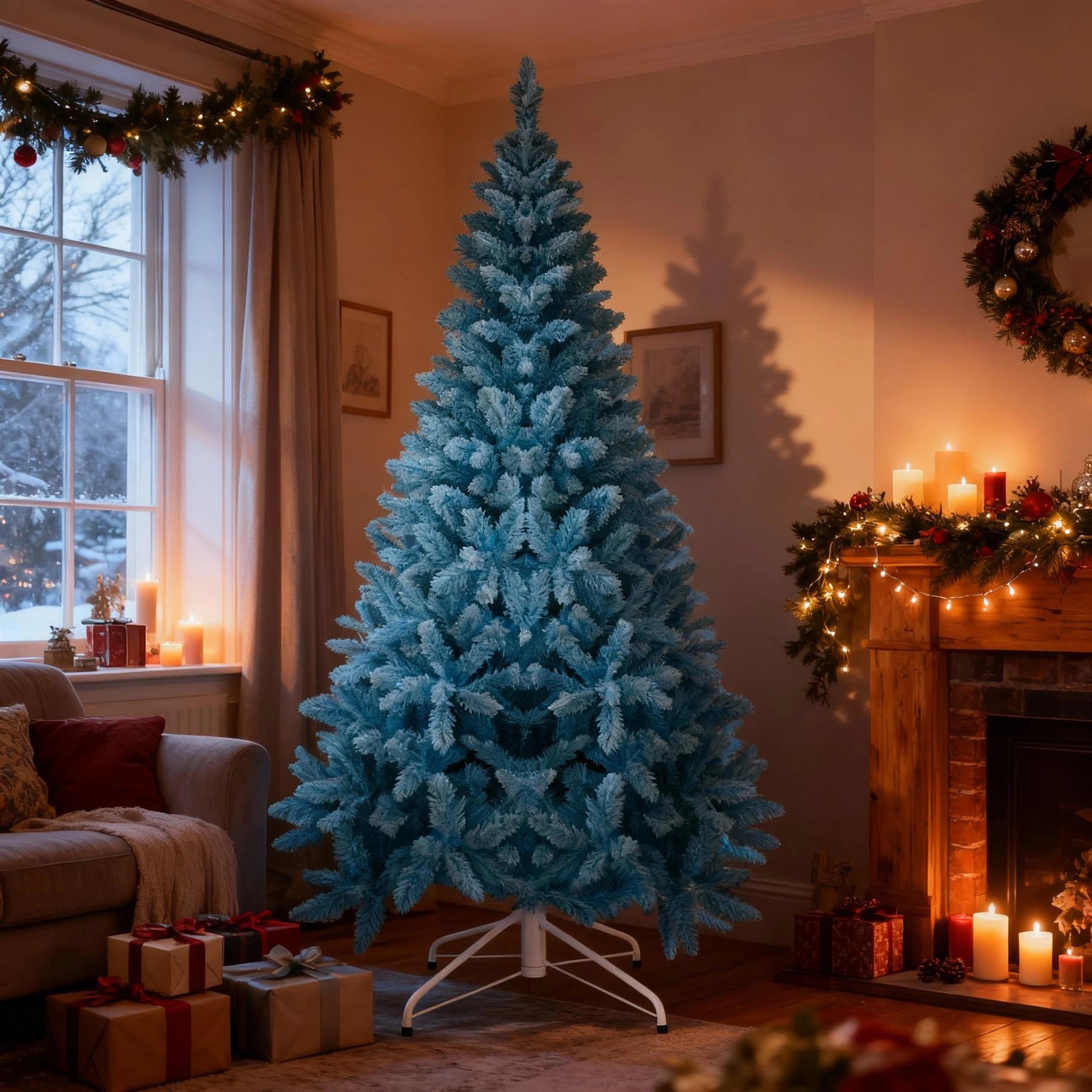 8Ft Christmas Tree Snow Flocked Blue Dusted Artificial Pine Holiday Home Decor