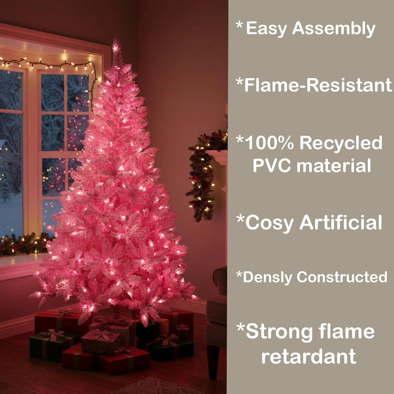 4Ft Christmas Tree Prelit Snow Flock Pink LED Artificial Pine Holiday Home Decor