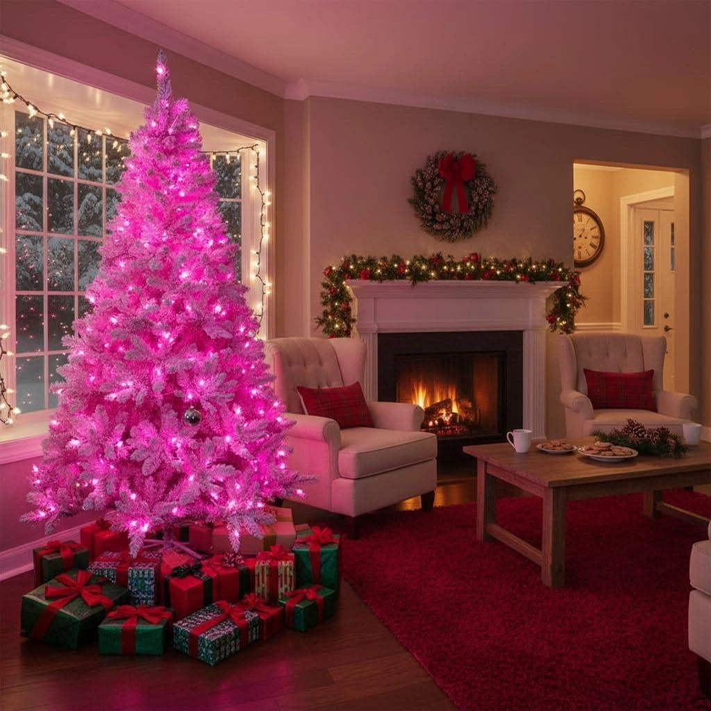 4Ft Christmas Tree Prelit Snow Flock Pink LED Artificial Pine Holiday Home Decor
